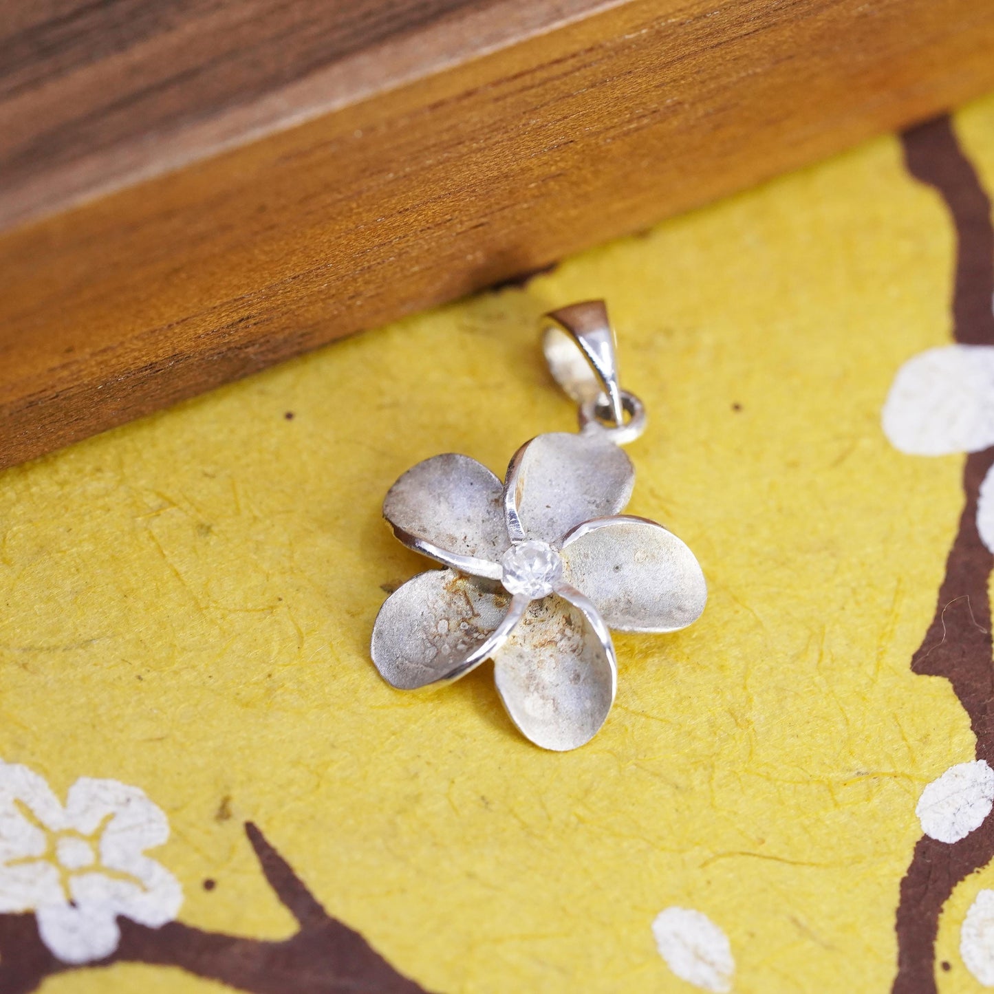 Vintage Sterling 925 silver handmade plumeria flower pendant and cz