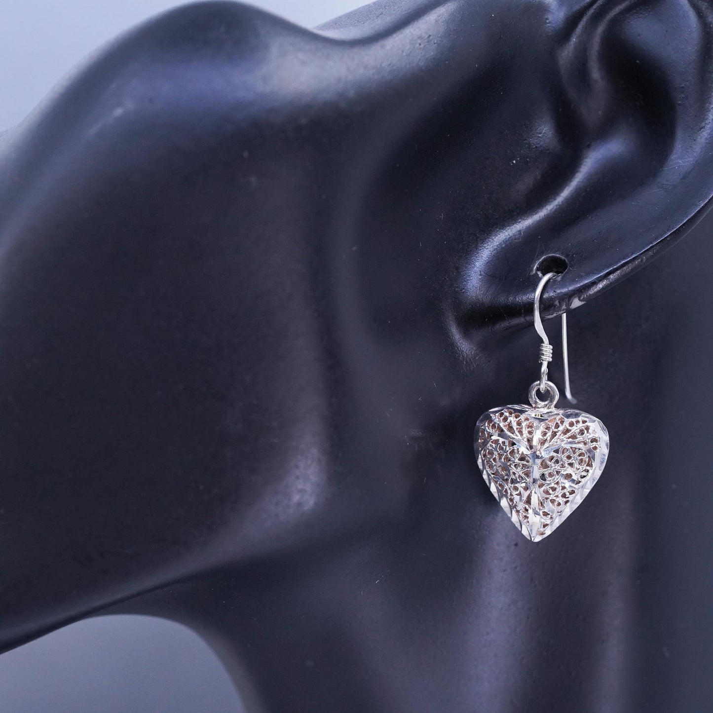 Vintage Sterling 925 silver handmade filigree puffy heart earrings