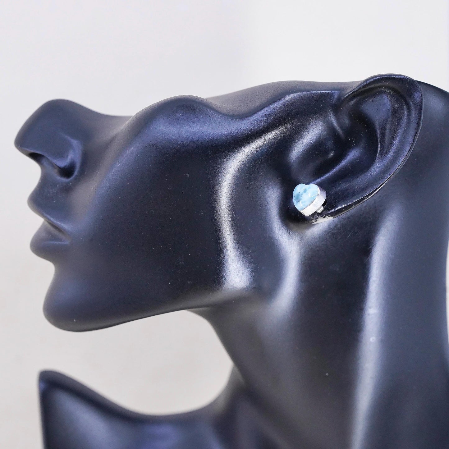 Native American handmade earrings. Sterling 925 silver heart studs with larimar