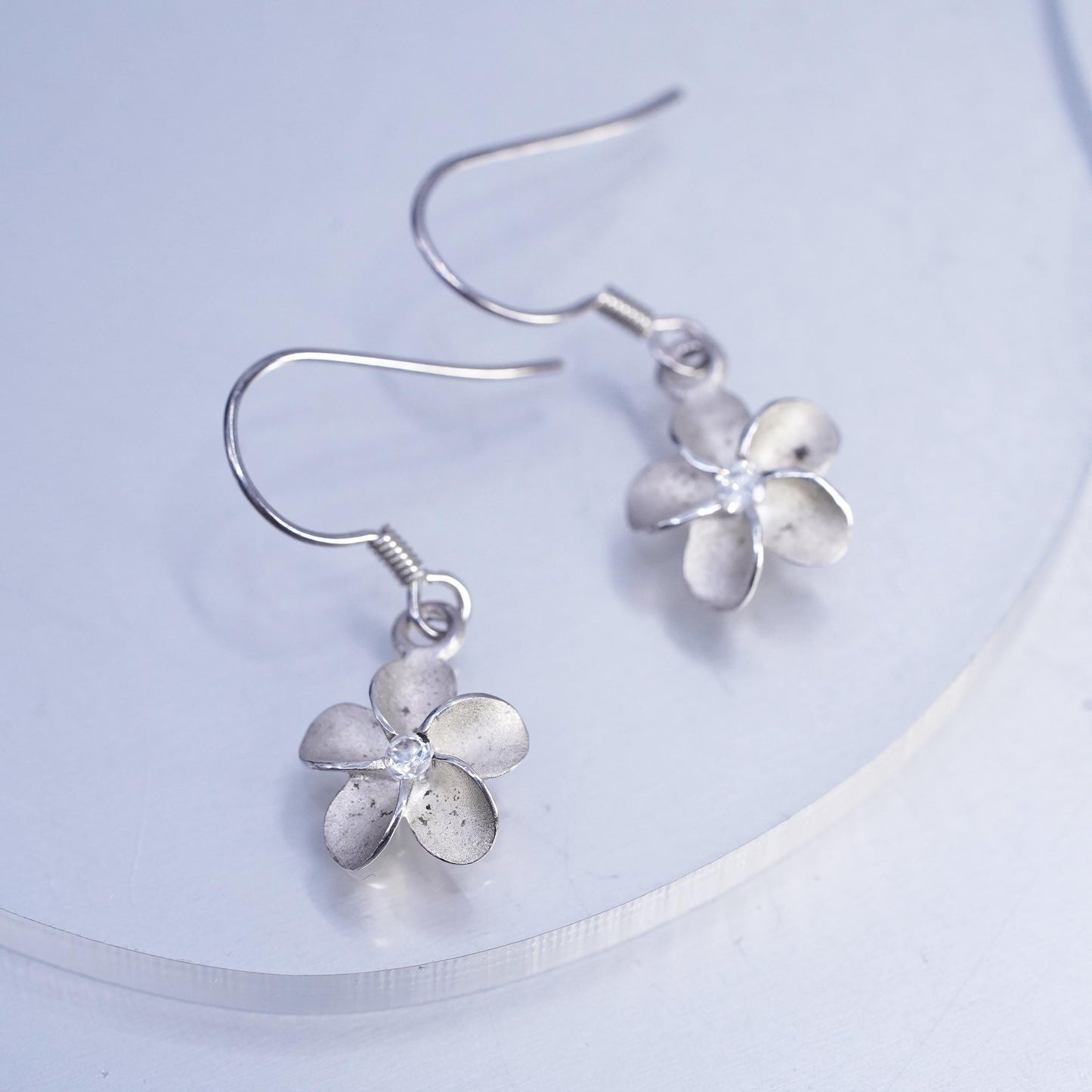 Vintage Sterling 925 silver handmade earrings, plumeria flower dangles with cz