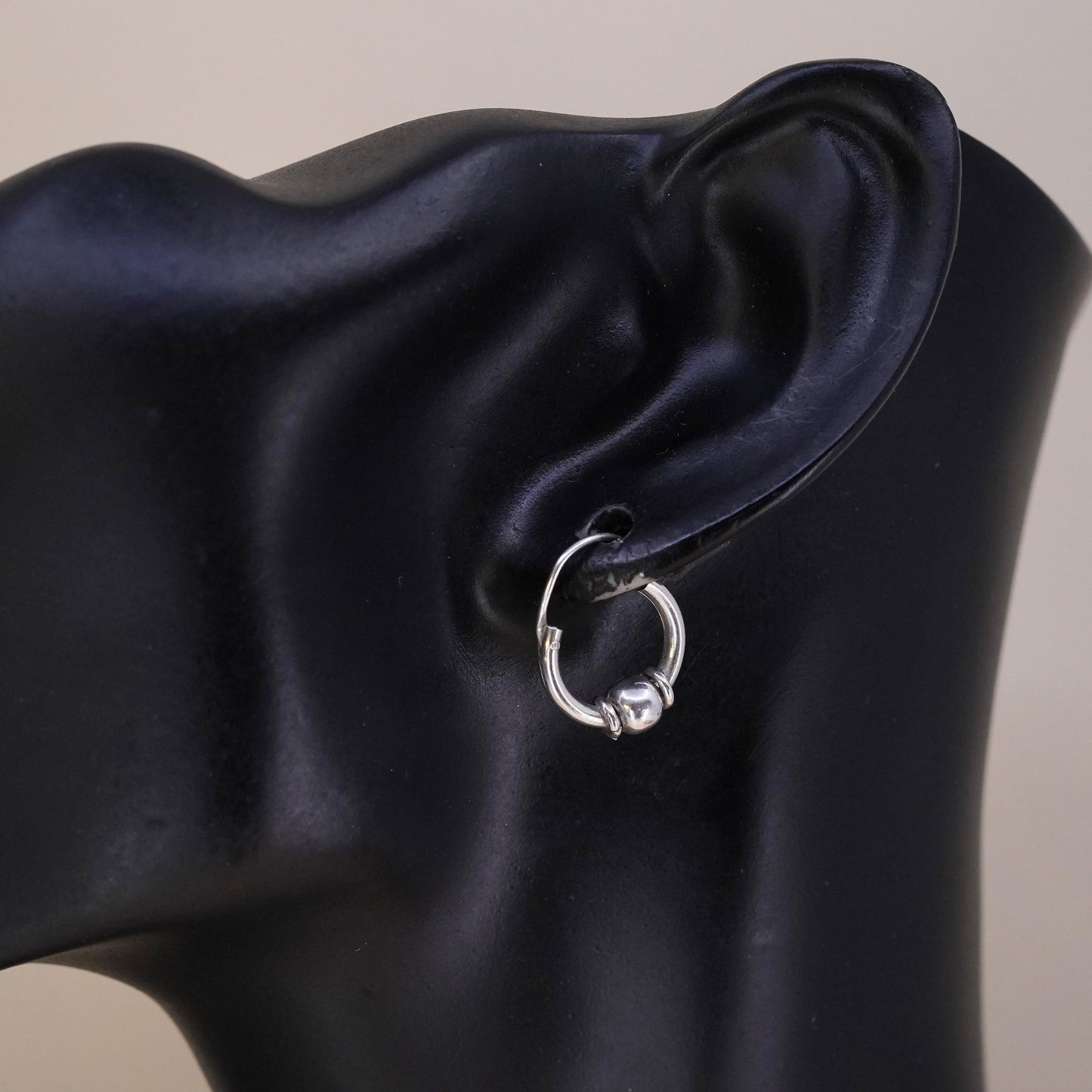 0.5”, Vintage sterling silver single earring, 925 huggie hoop with beads