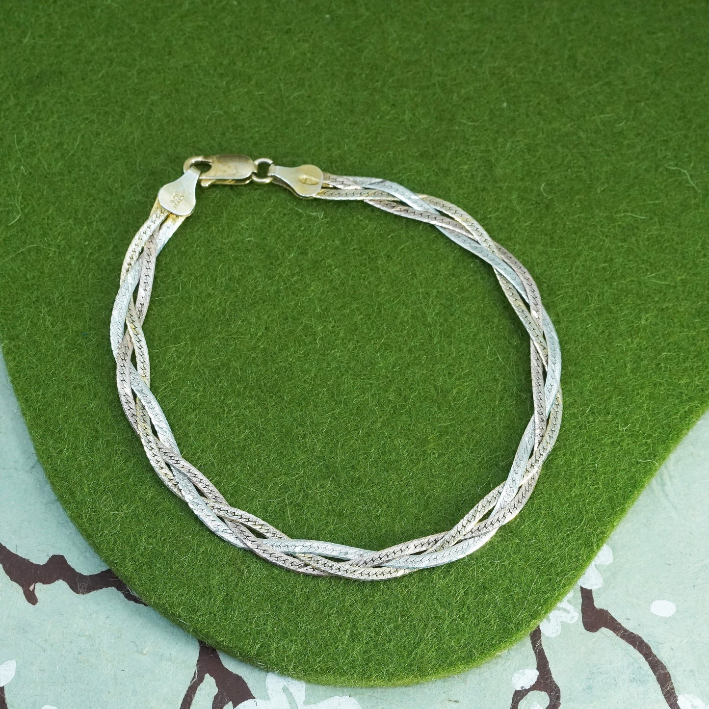 7.75”, vermeil gold over sterling silver bracelet, 925 woven herringbone chain