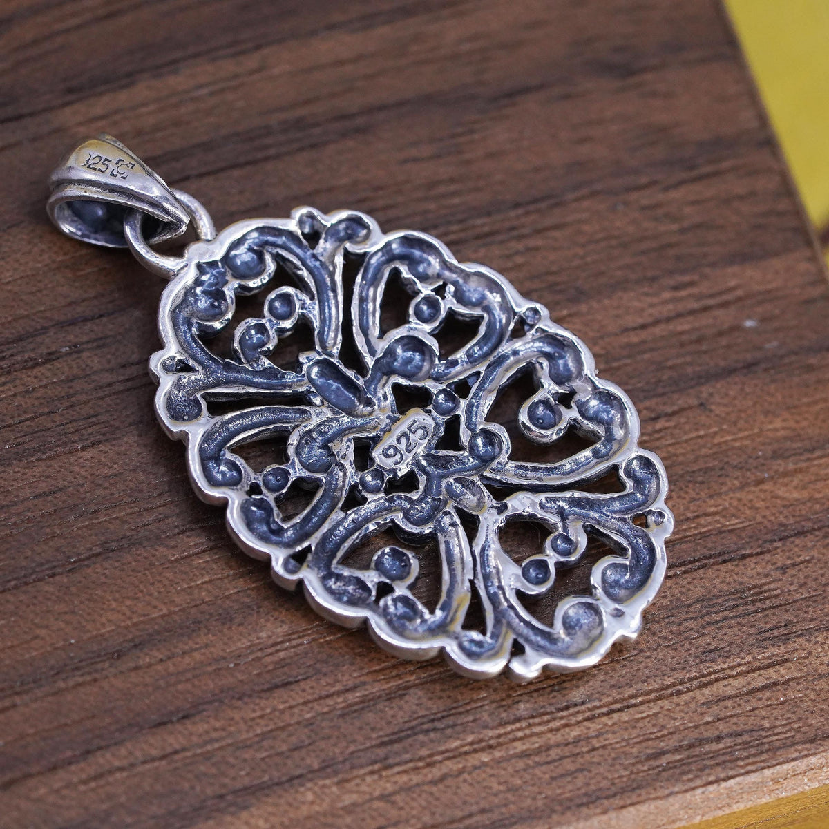 Sterling Silver 925 Filigree Ornate Fleur de Lis Scrollwork Pendant, Openwork