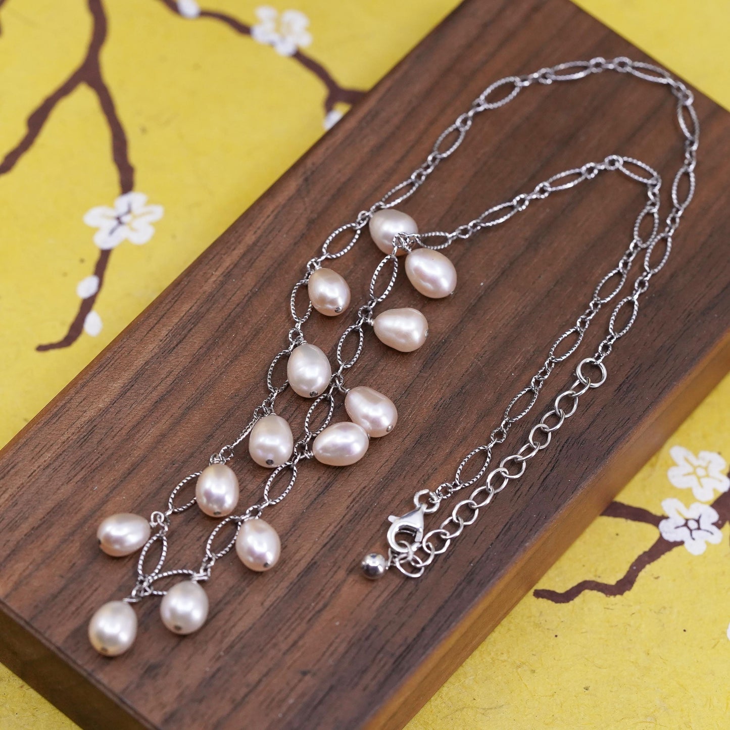16+2", Sterling 925 silver handmade oval chain necklace with cluster pearls