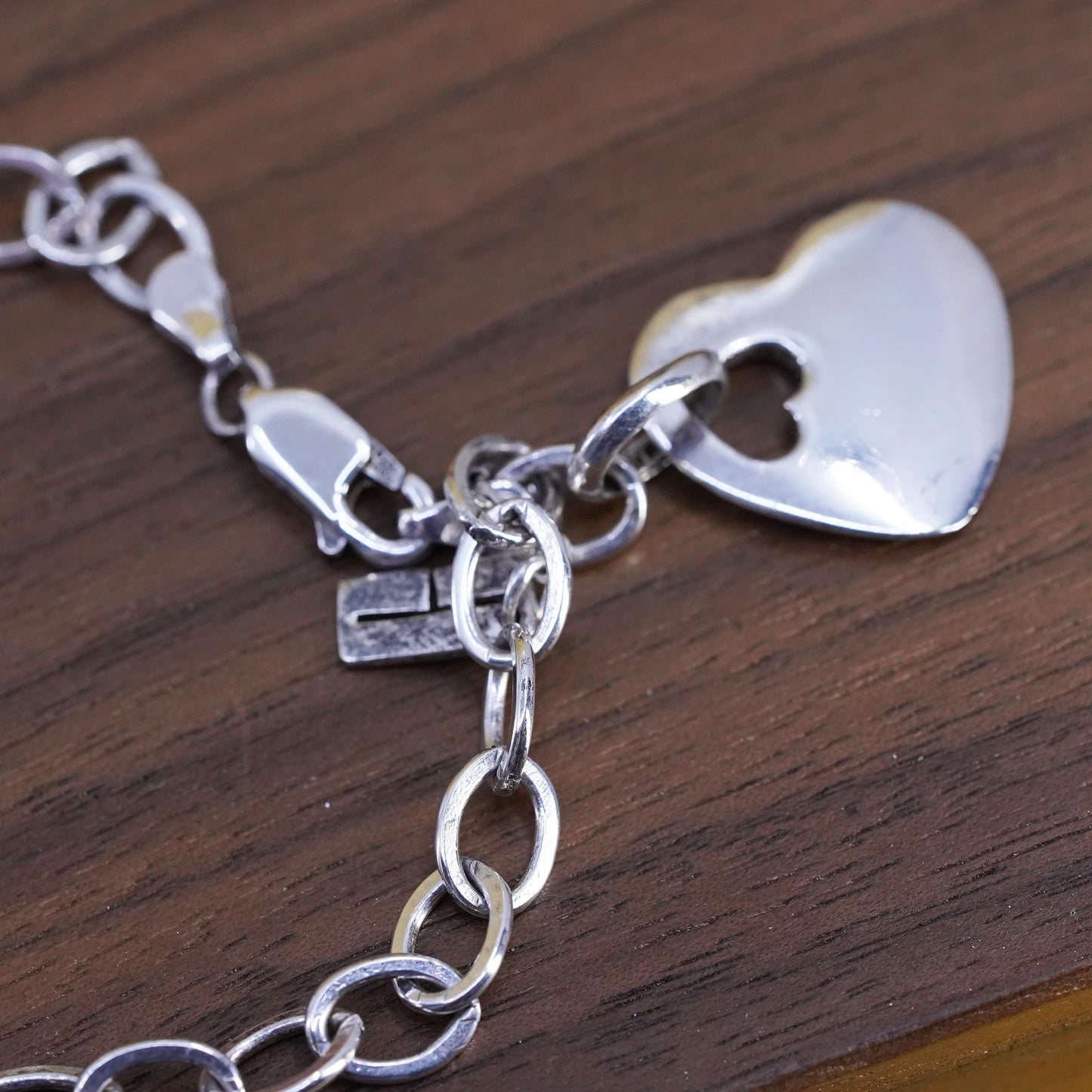 6.75”, vintage Sterling silver charm bracelet, 925 oval chain heart tag charm