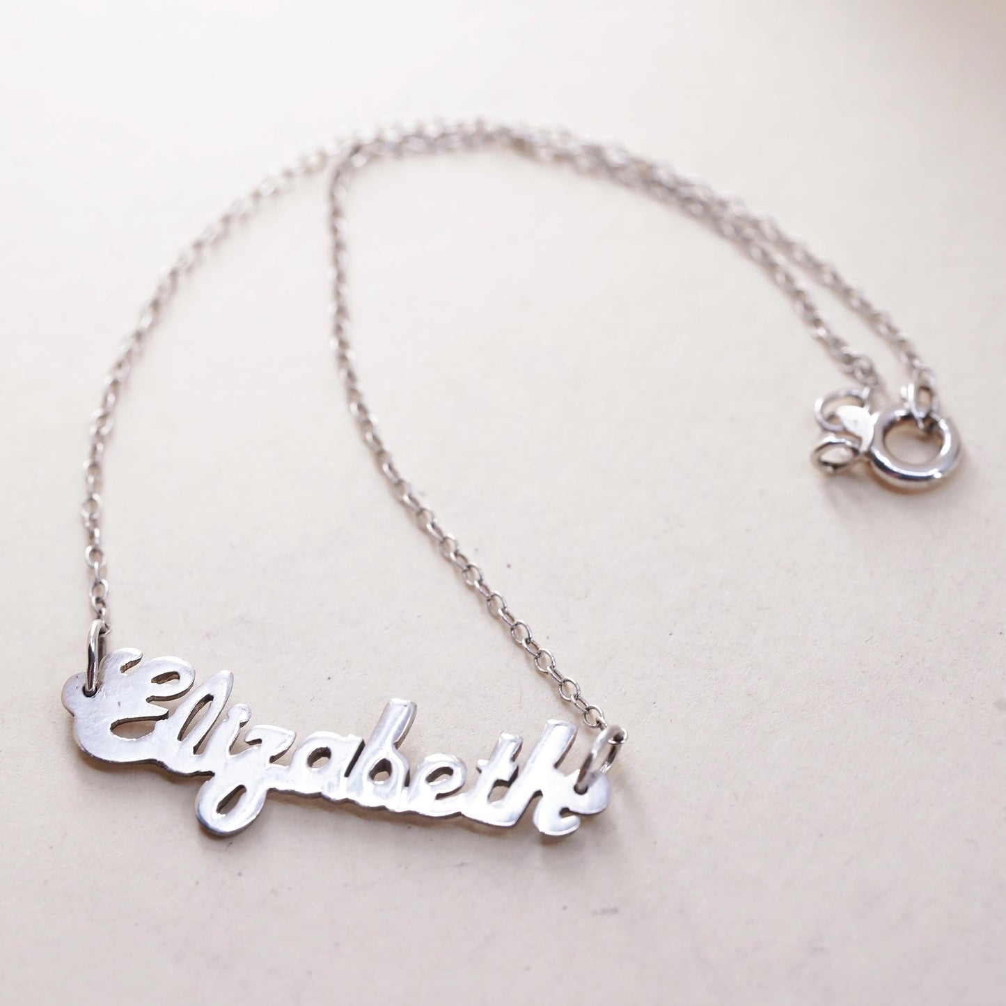 9.25", Vintage sterling silver bracelet, 925 circle chain name tag Elizabeth