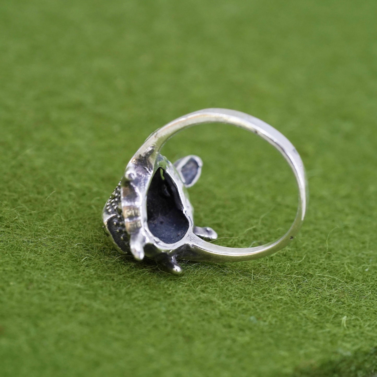 Size 7, sterling silver handmade ring, 925 turtle with movable head marcasite