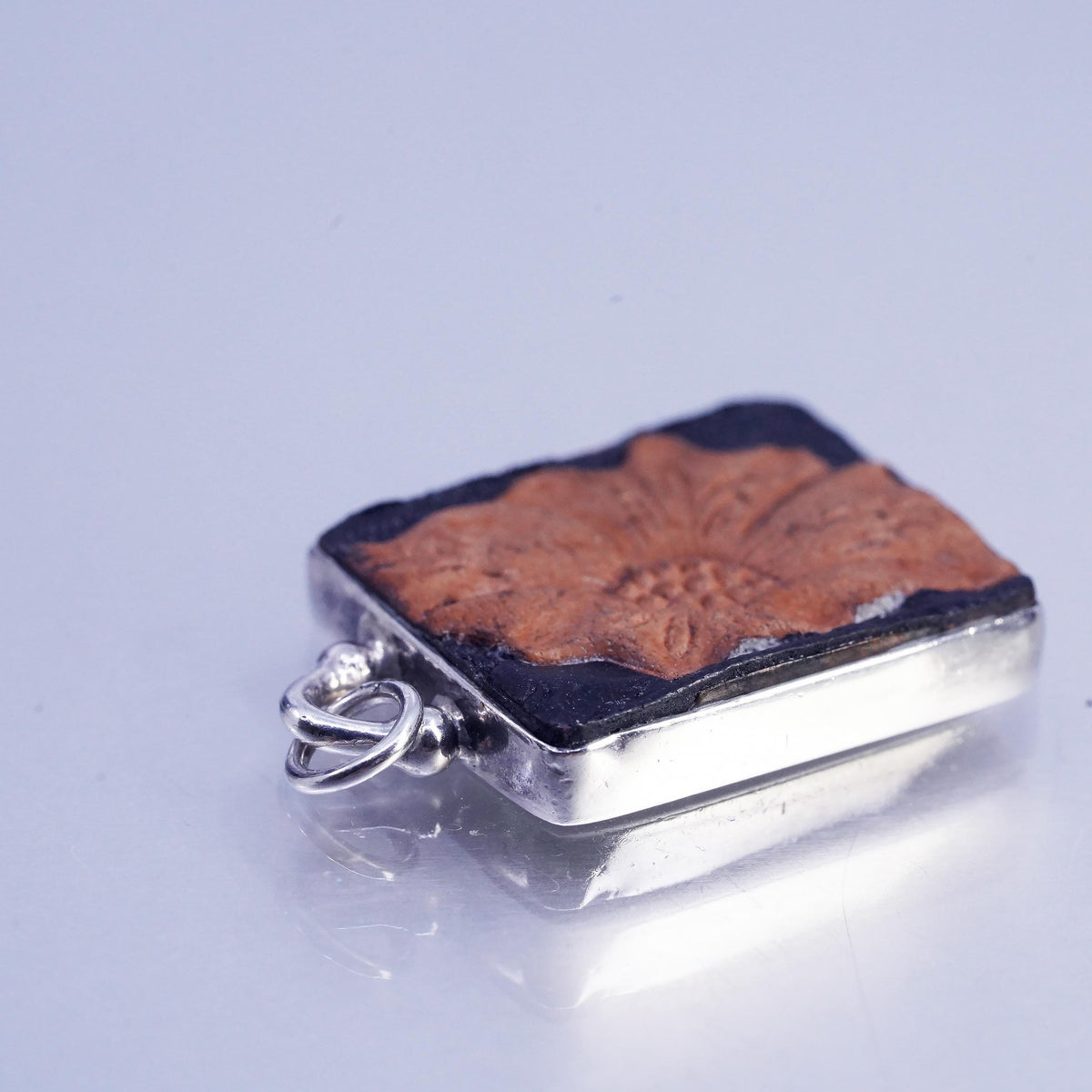 Peyote Bird PB Sterling 925 Silver Carved Leather Flower Pendant, Floral Relief