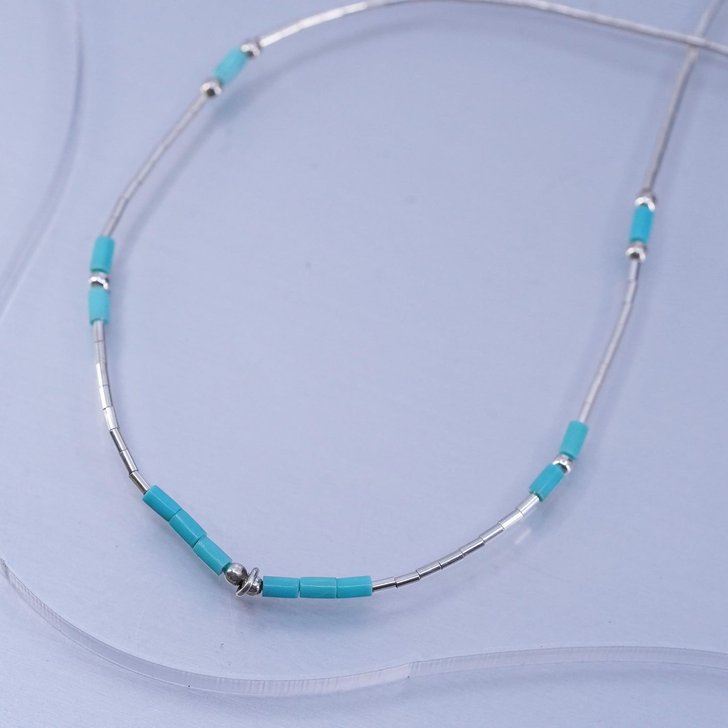 16”, Native American Sterling 925 liquid silver necklace with turquoise beads