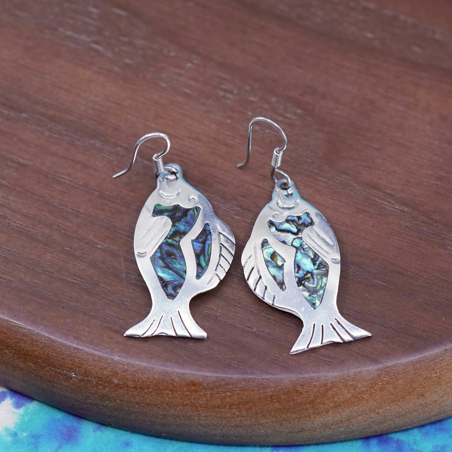 Vintage mexico Sterling silver handmade earrings, 925 fish with abalone inlay