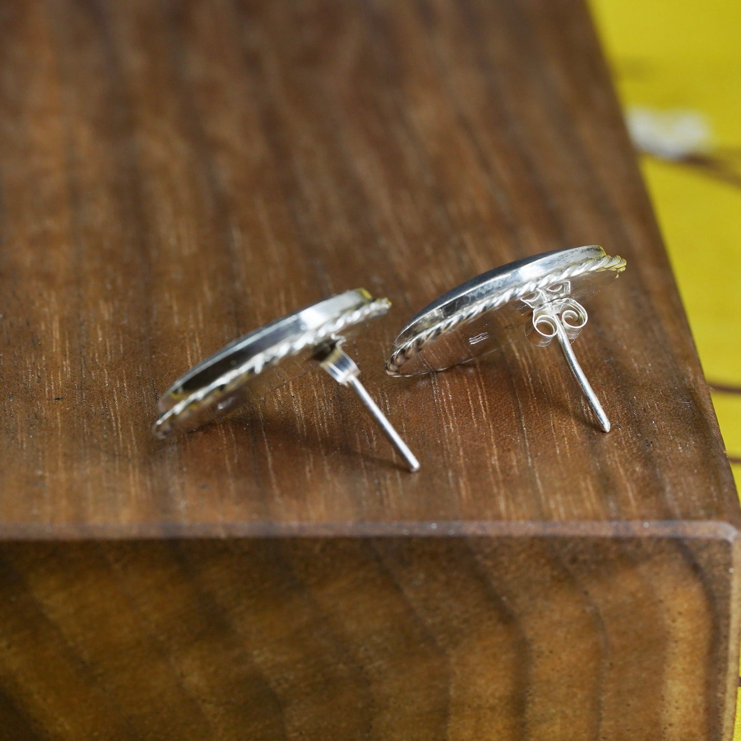 Vintage Sterling silver handmade earrings, oval studs with volcano ash stone