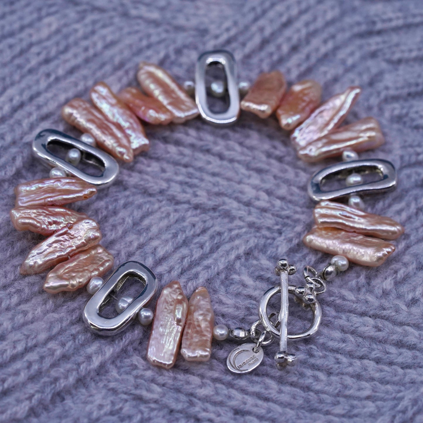 7.25", Sterling 925 silver handmade bracelet with baroque orange pearl beads