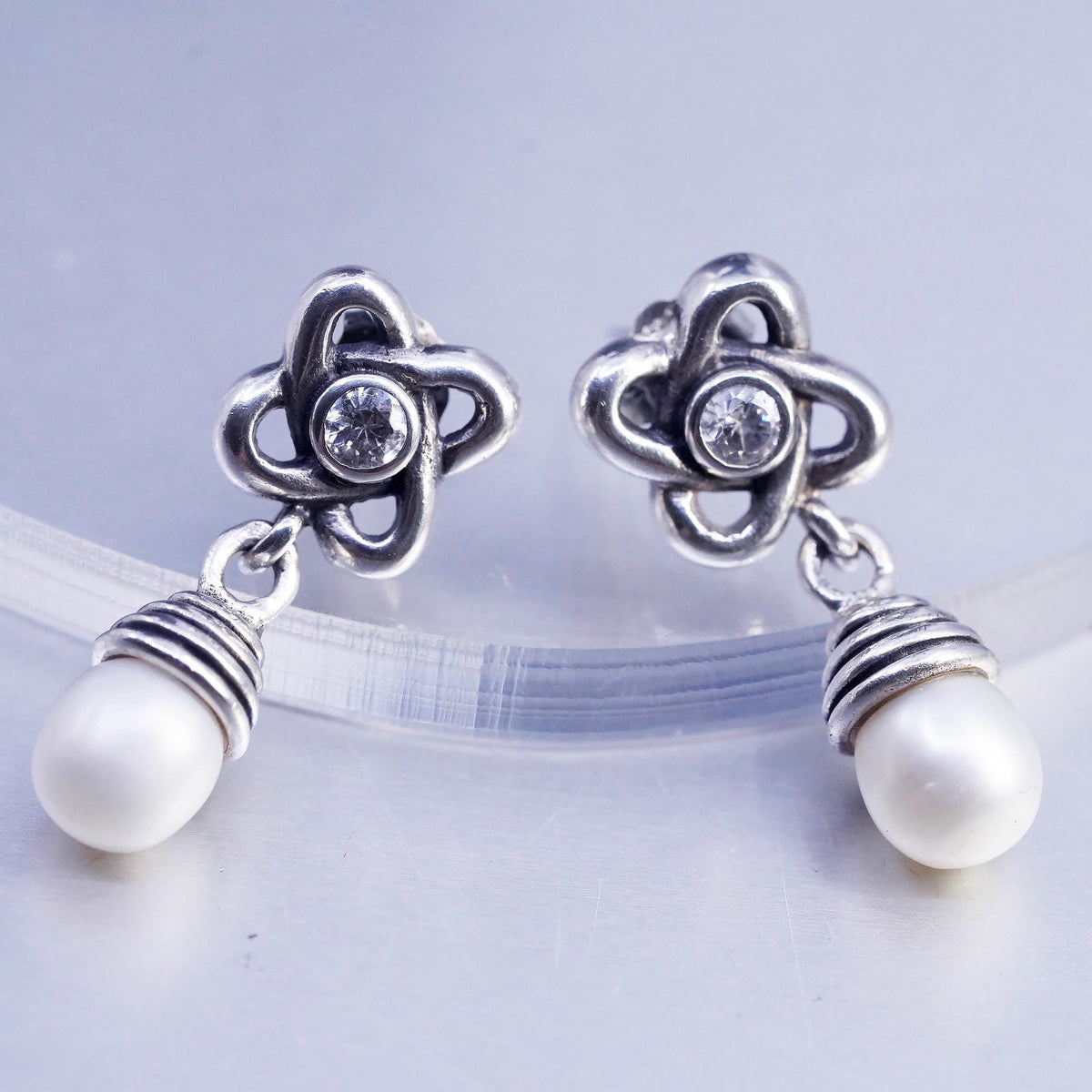 Vintage Sterling 925 silver handmade teardrop earrings with pearl and CZ