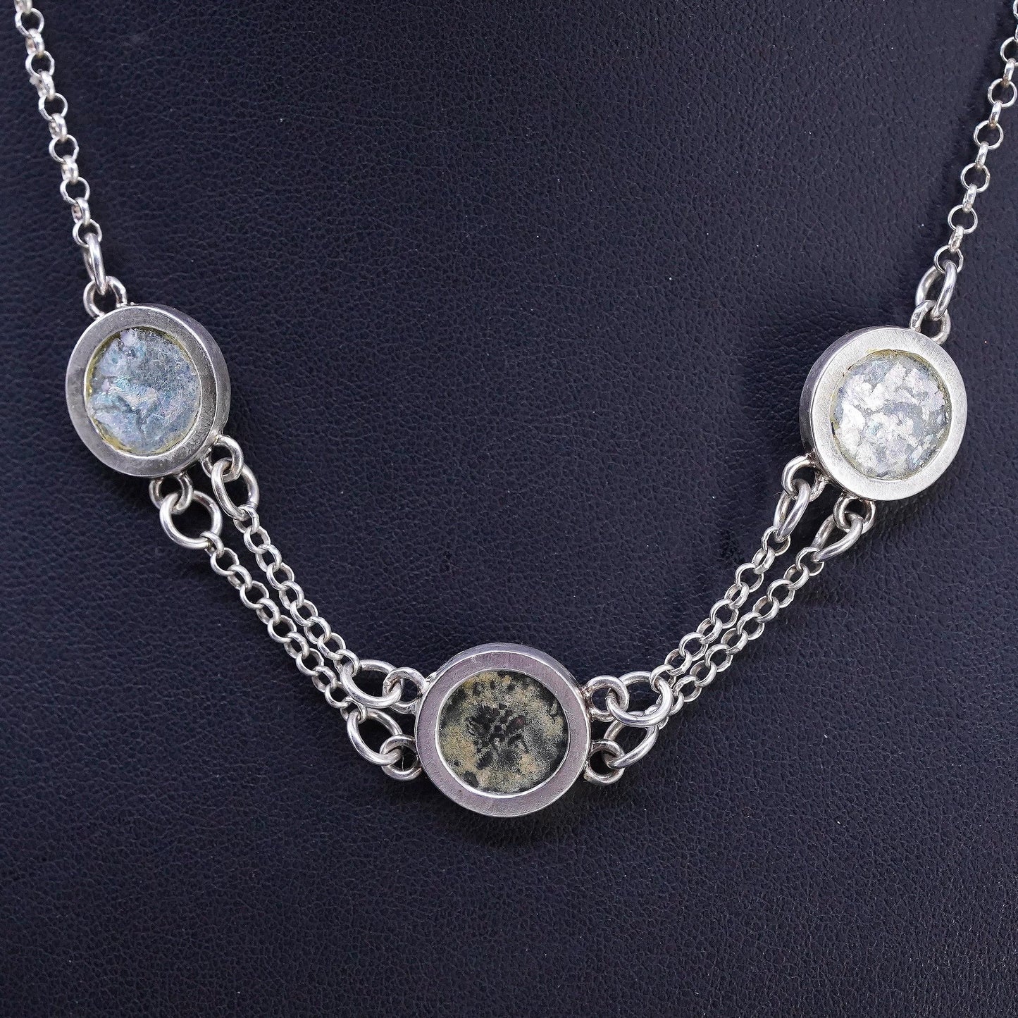 16", VTG Sarda Sterling silver necklace, 925 circle chain Roman glass pendant