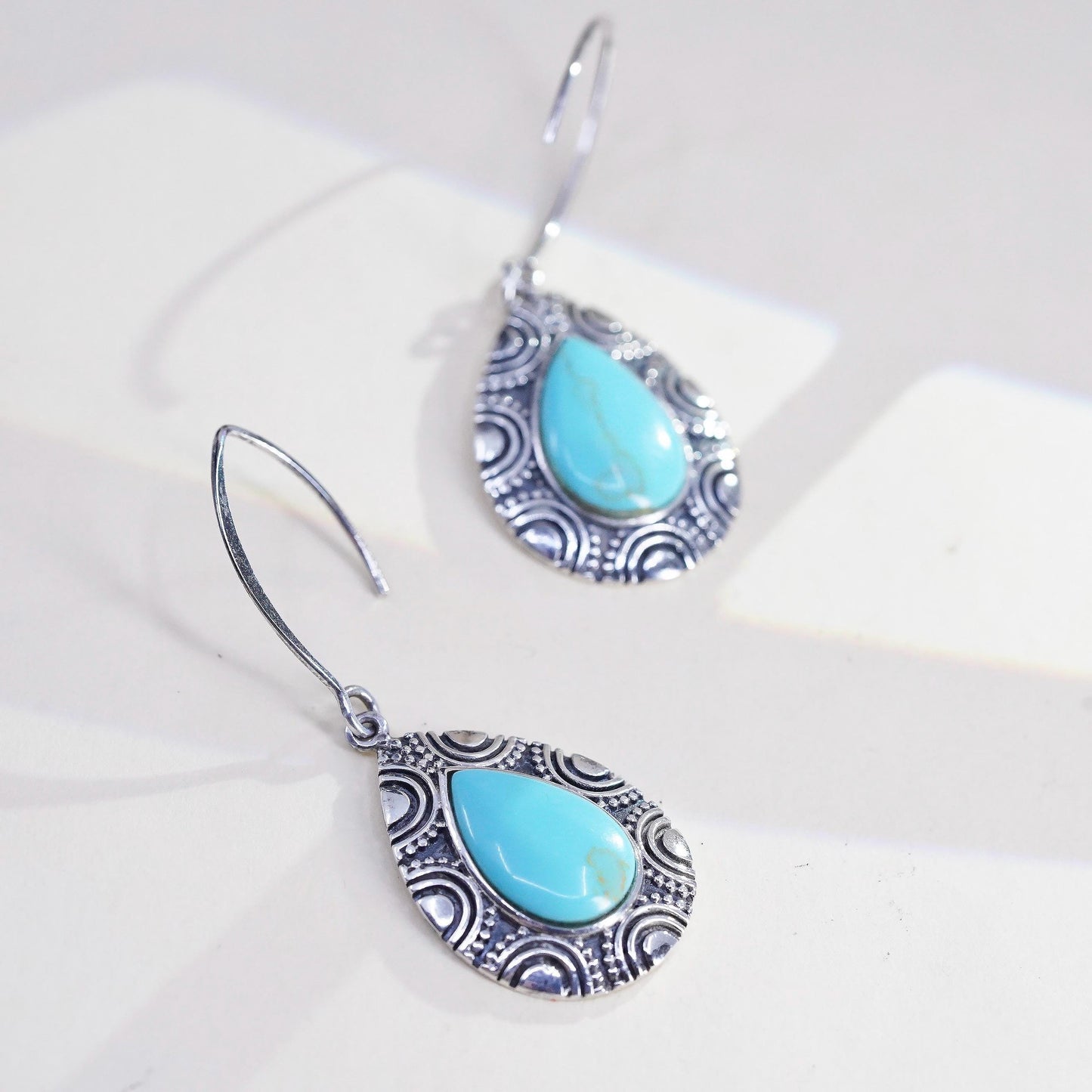 Southwestern sterling silver 925 handmade textured teardrop earrings turquoise