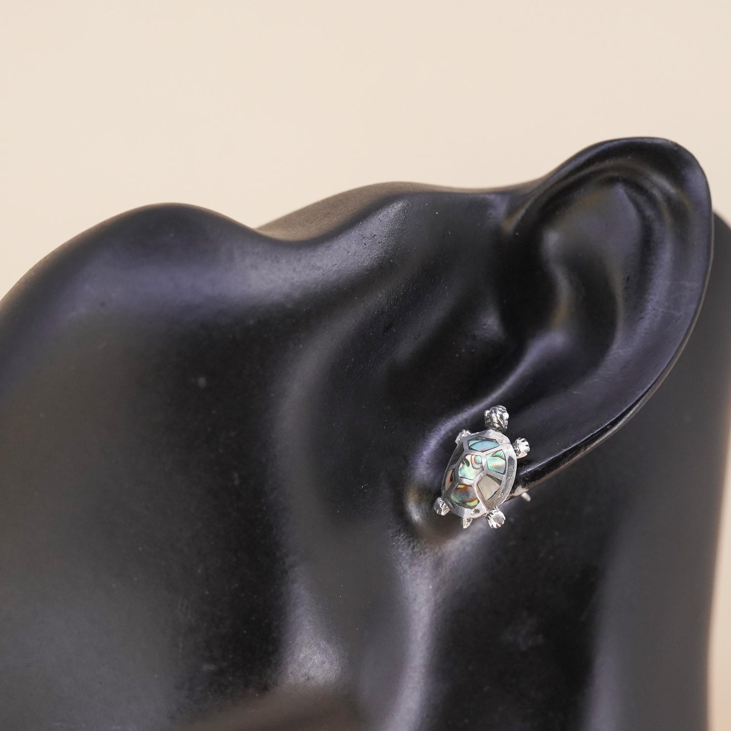 Vintage handmade single earring. Sterling 925 silver turtle stud with abalone