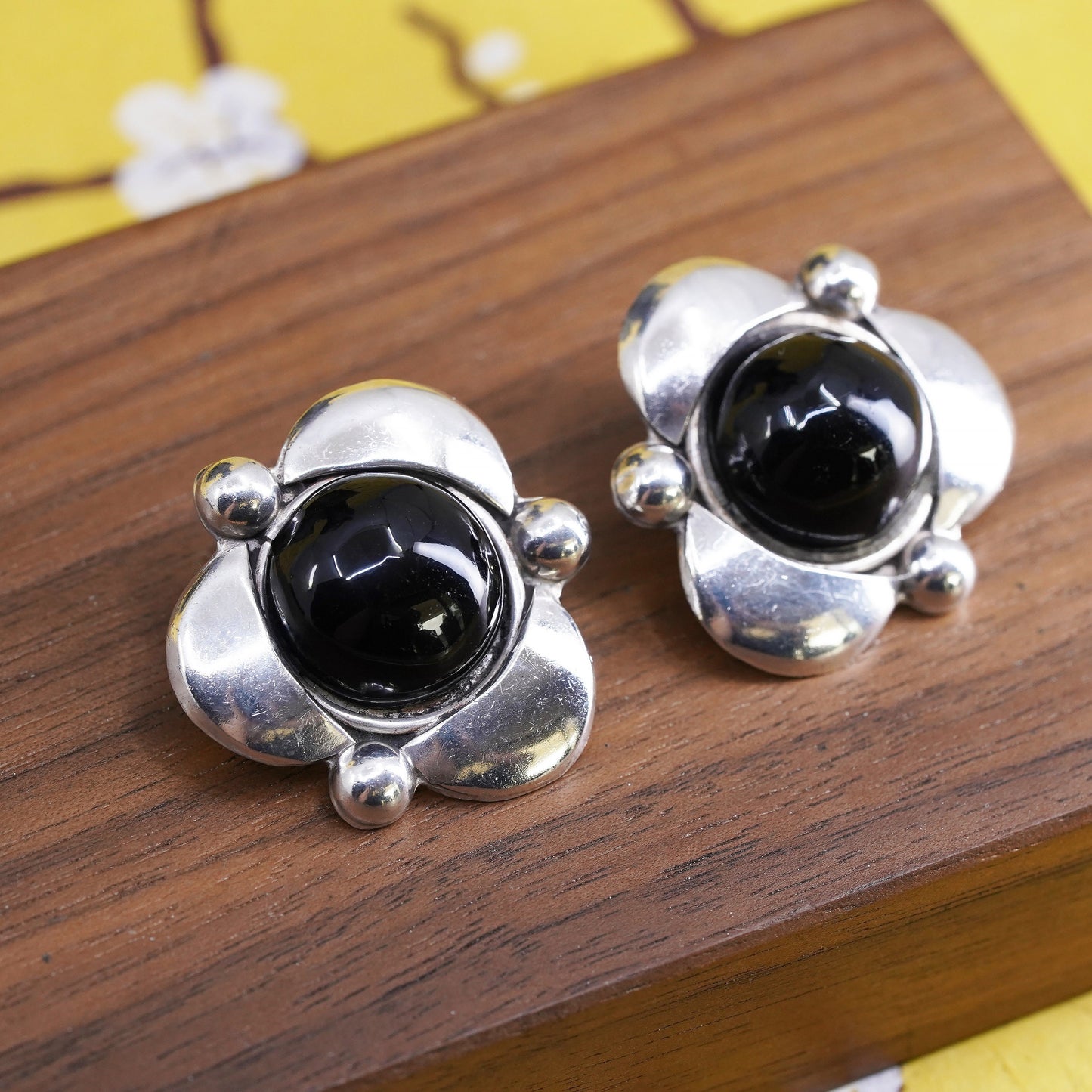 Mexican Sterling silver earrings, studs, huge 925 floral studs with black onyx