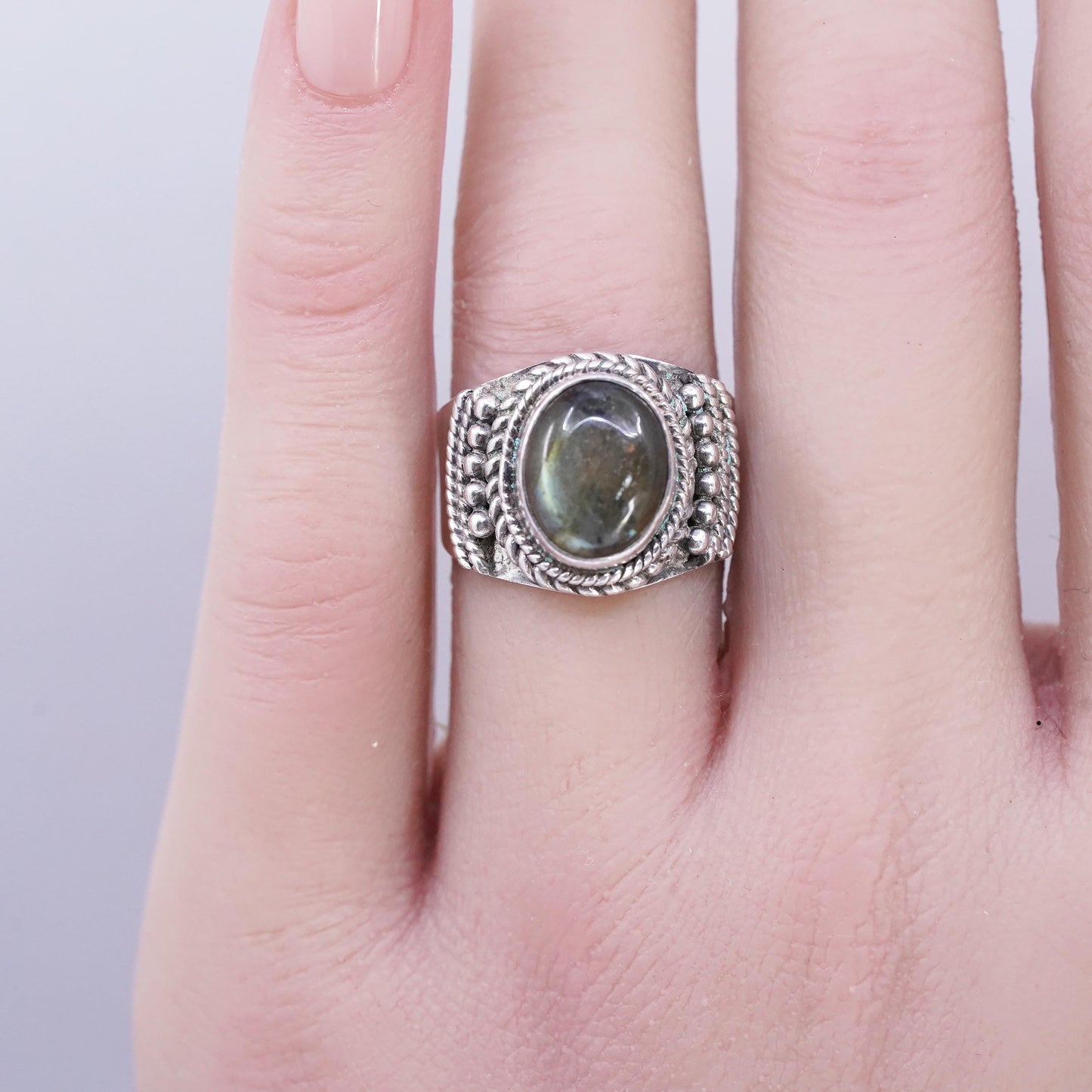 Sz 6.5, Vintage Sterling silver handmade ring, 925 band with Labradorite beads