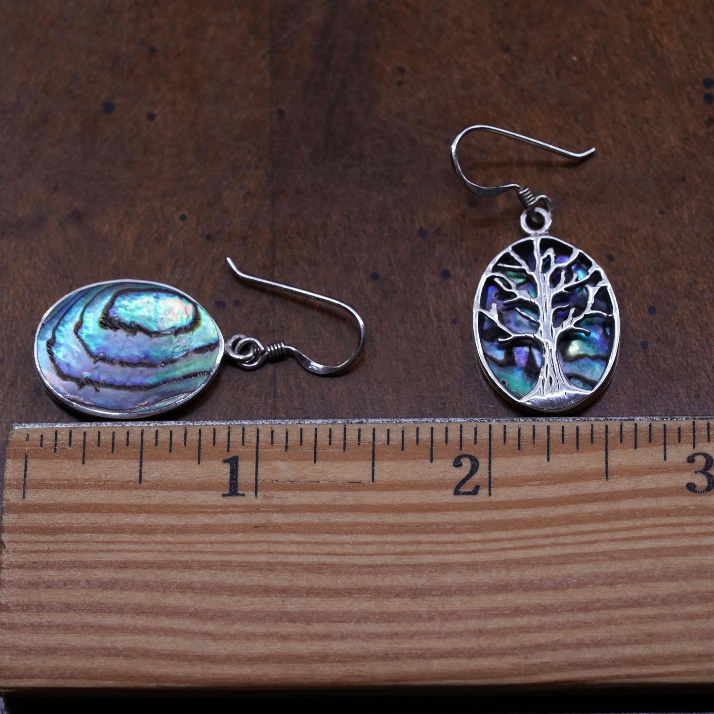 Vintage Sterling Silver 925 handmade oval tree earrings with abalone inlay