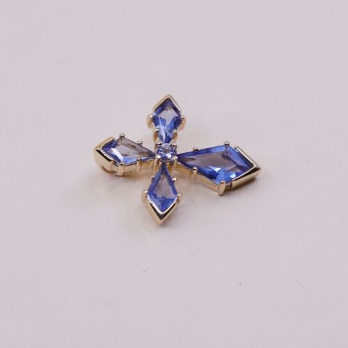 Vermeil gold over Sterling silver handmade pendant, 925 cross w/ Blue Cz