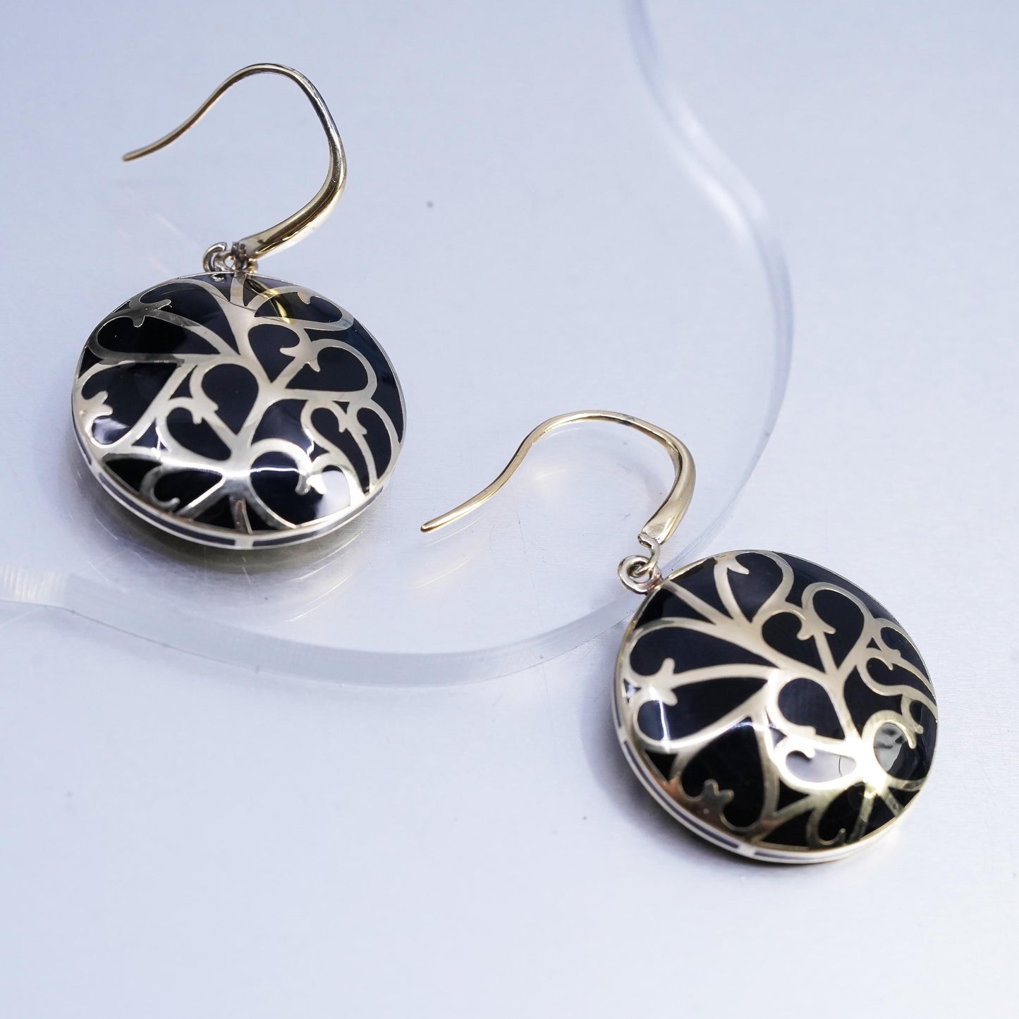 Vintage gold plated Sterling 925 silver circle spiral earrings black enamel