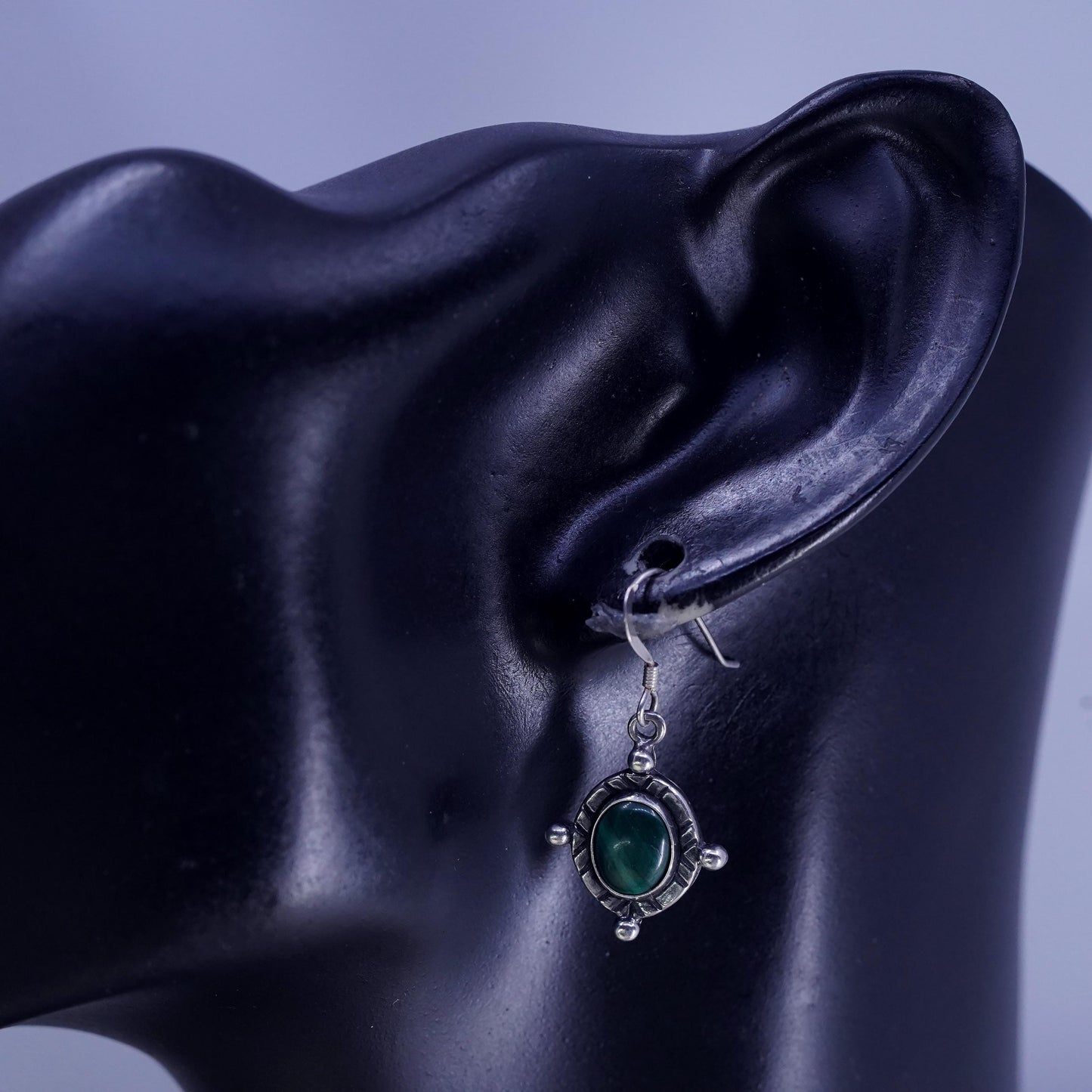 Vintage mexico sterling silver handmade earrings, 925 dangles oval malachite
