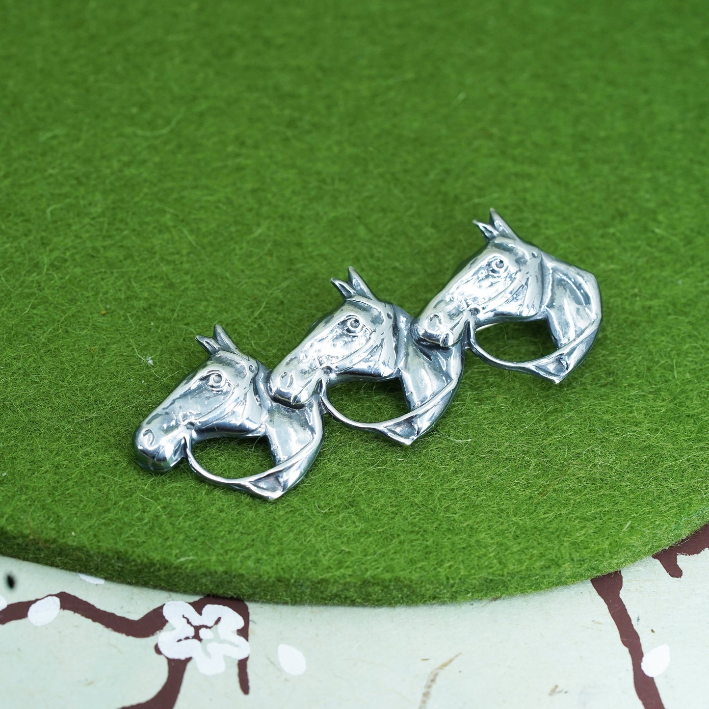 Vintage Lang sterling silver handmade brooch, solid 925 silver horses