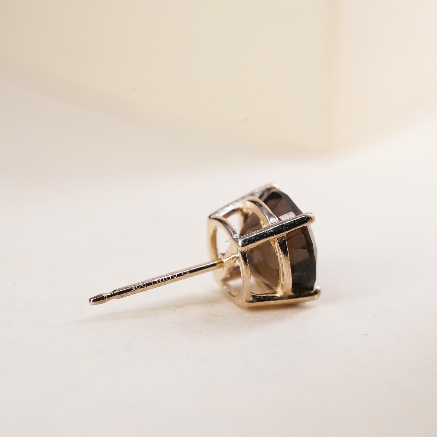 Vintage vermeil gold over single earring. Sterling 925 silver stud smoky quartz