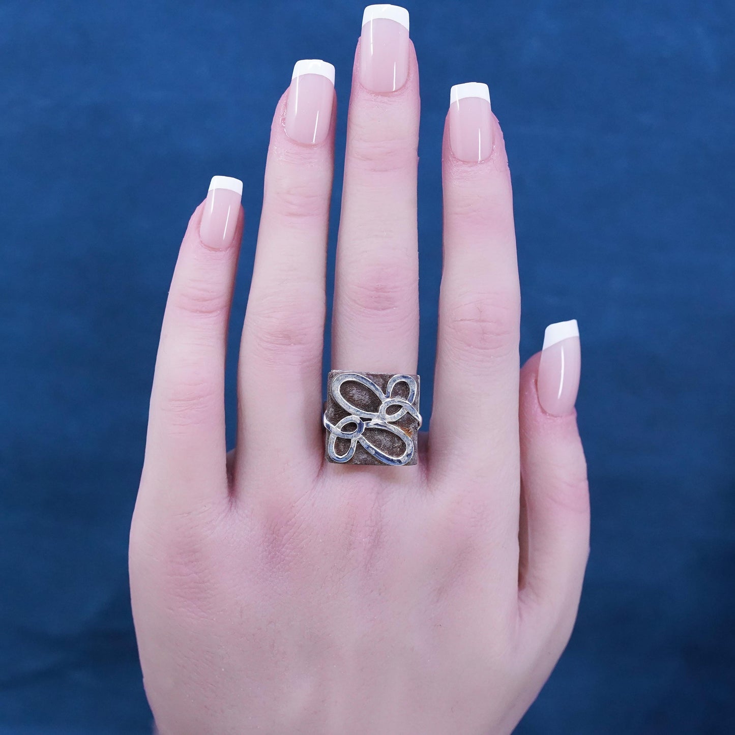Size 7, vintage Sterling 925 silver handmade square ring w/ abstract butterfly