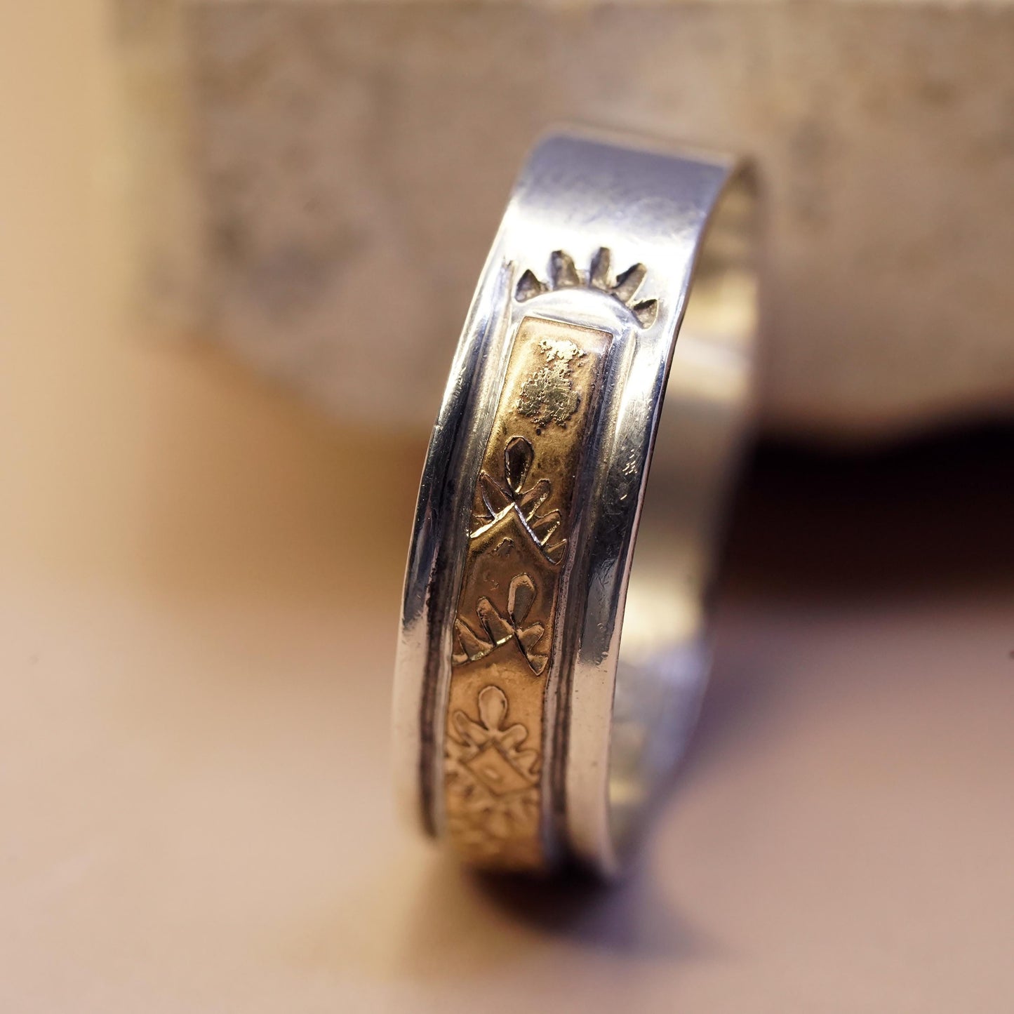 Size 10, Native American Keith James sterling silver 14K GF ring, Navajo 925