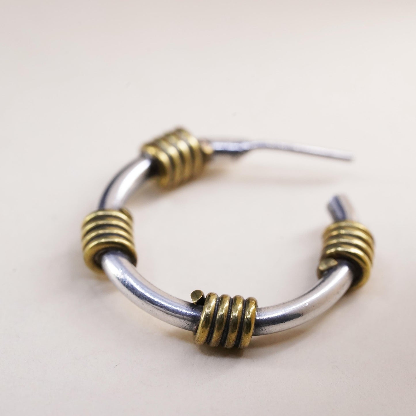 1", Vintage two tone sterling silver single earring, hoop stud with brass wired