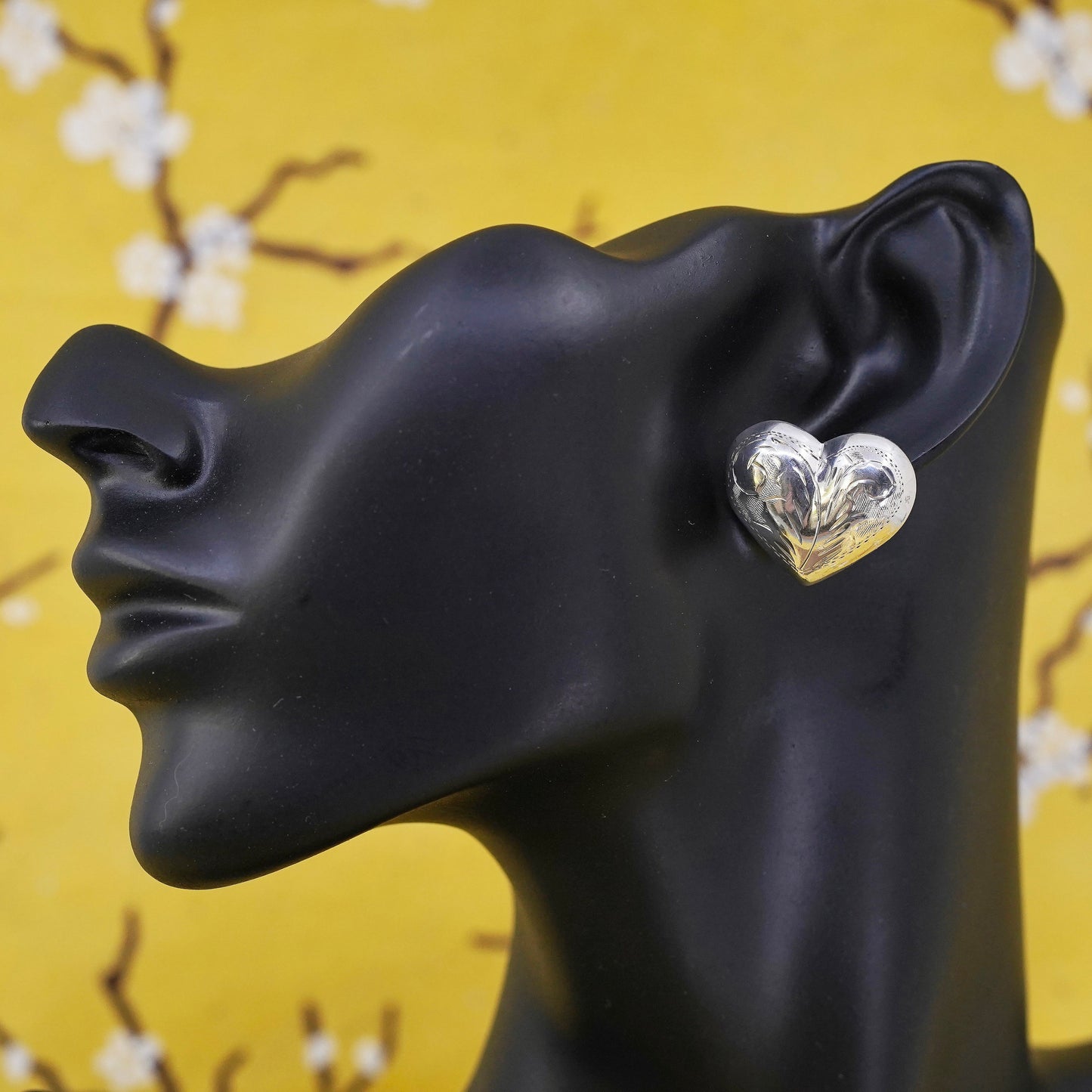 Vintage Sterling silver handmade earrings, textured 925 heart studs