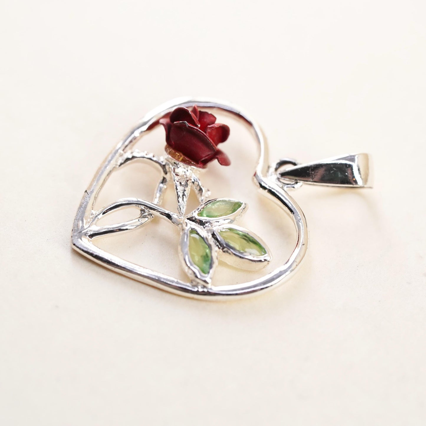 Vintage Sterling silver handmade pendant, 925 rose flower heart charm