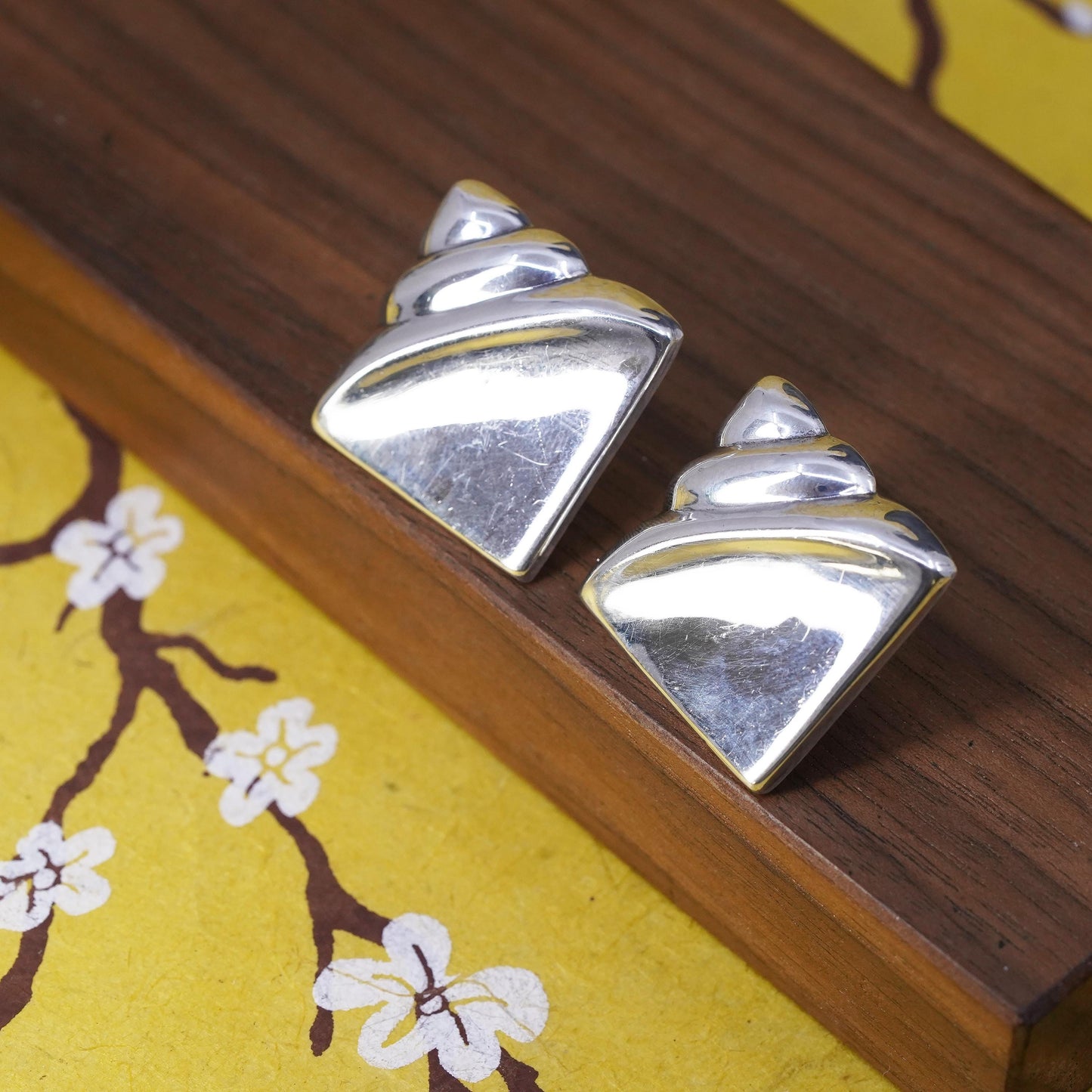vintage modern Sterling silver handmade studs, square ribbed earrings