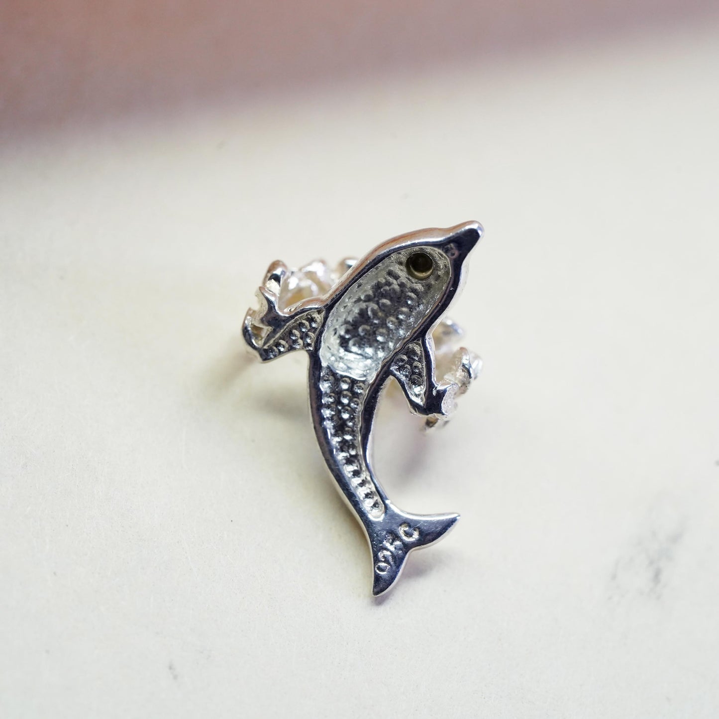 Vintage Sterling silver pendant, 925 dolphin with opal inlay, plumeria flower