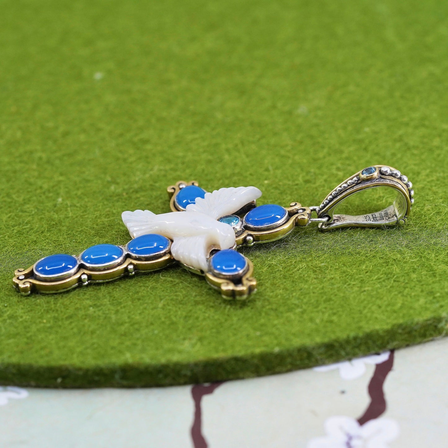 two tone sterling silver handmade pendant, 925 cross with mother of pearl dove