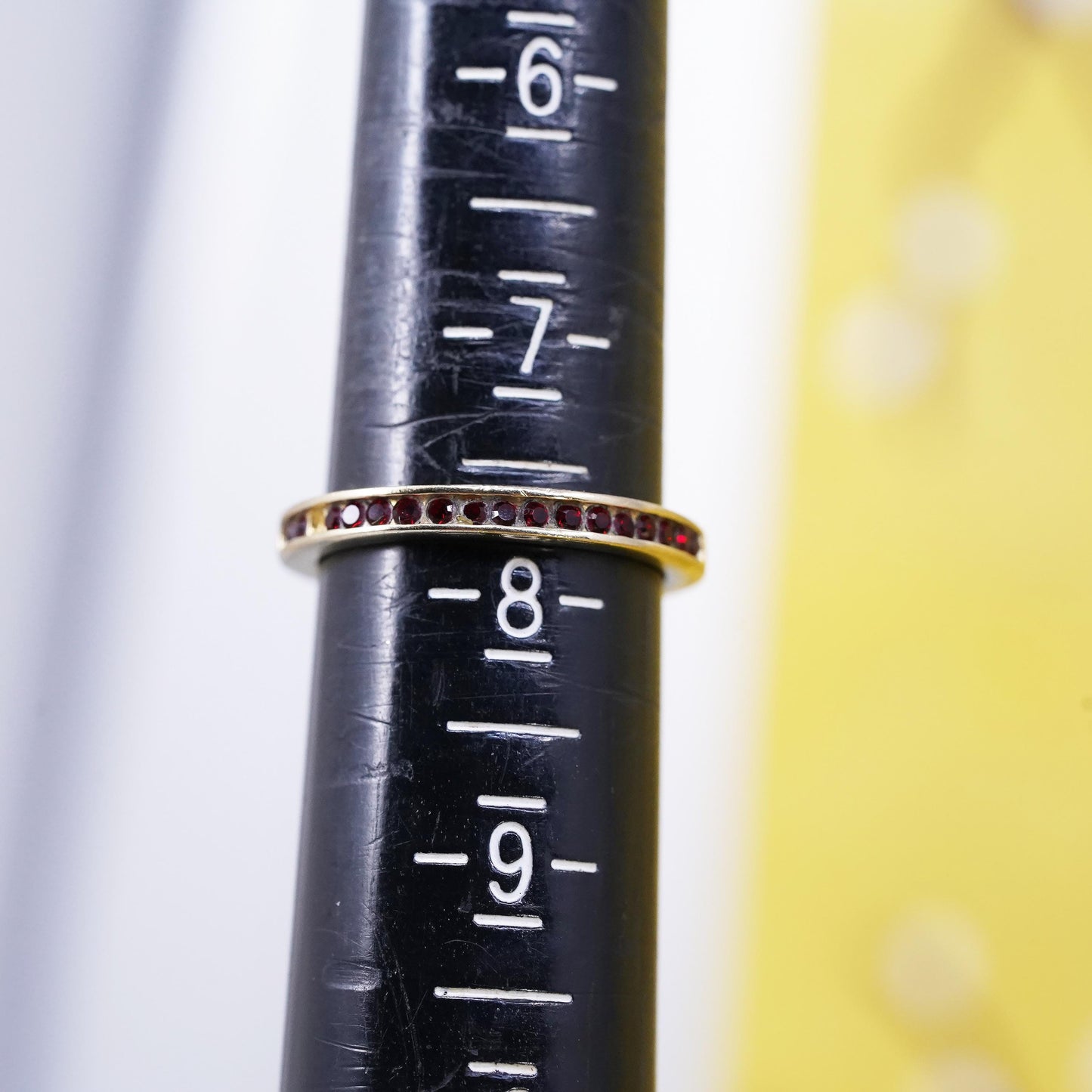 Size 7.75, vermeil gold over Sterling silver ring, 925 stackable band red cz