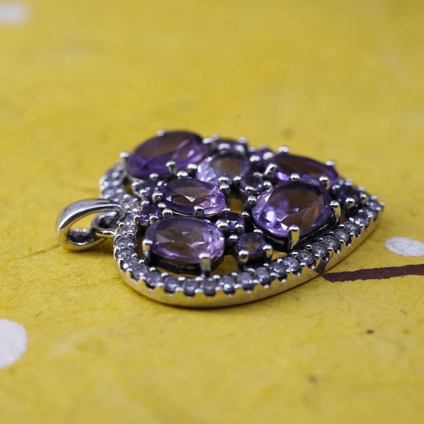 Vintage Sterling 925 silver handmade heart pendant with amethyst and cluster cz