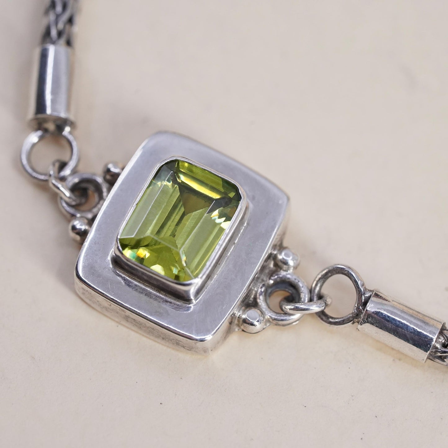 7”, vintage sterling silver bracelet, 925 wheat chain emerald cut peridot