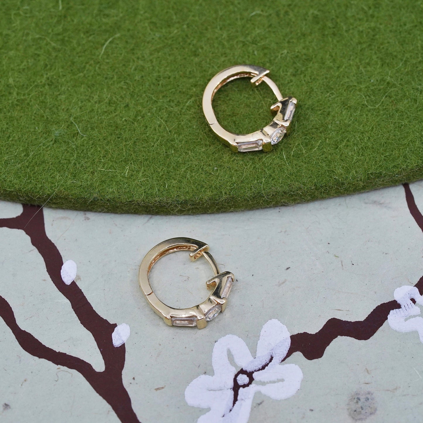 0.5”, Vintage vermeil gold over sterling silver earrings, 925 hoops, huggie cz