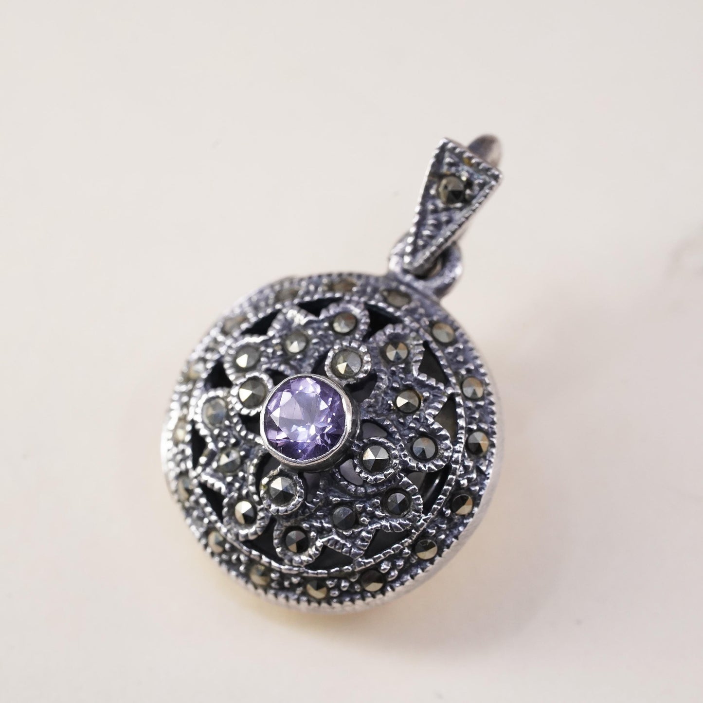 Sterling silver prayer circle locket pendant, 925 charm marcasite amethyst