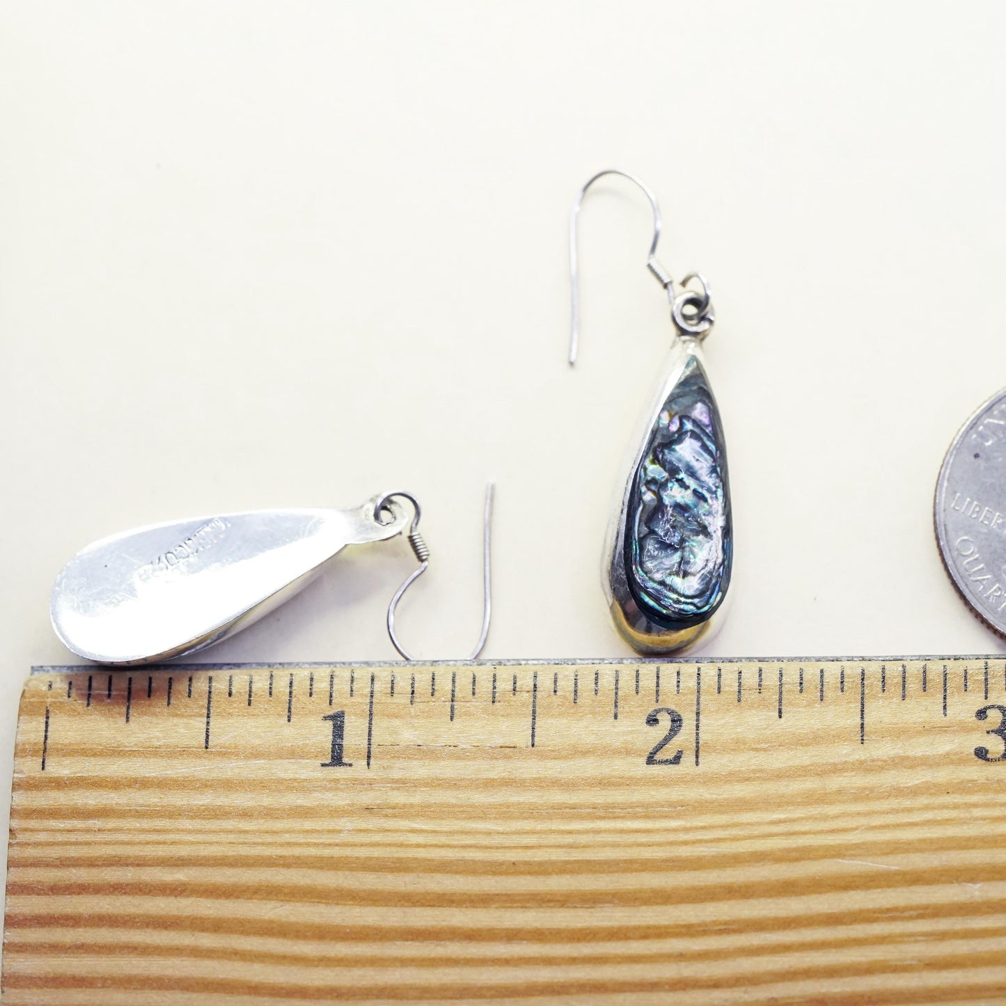 Vintage Mexico sterling 925 silver handmade teardrop earrings with abalone