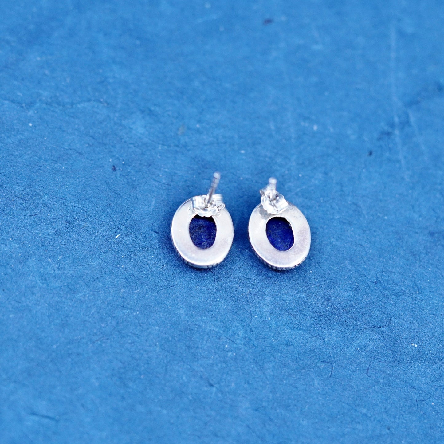 Vintage sterling silver handmade earrings, 925 oval studs lapis lazuli cable