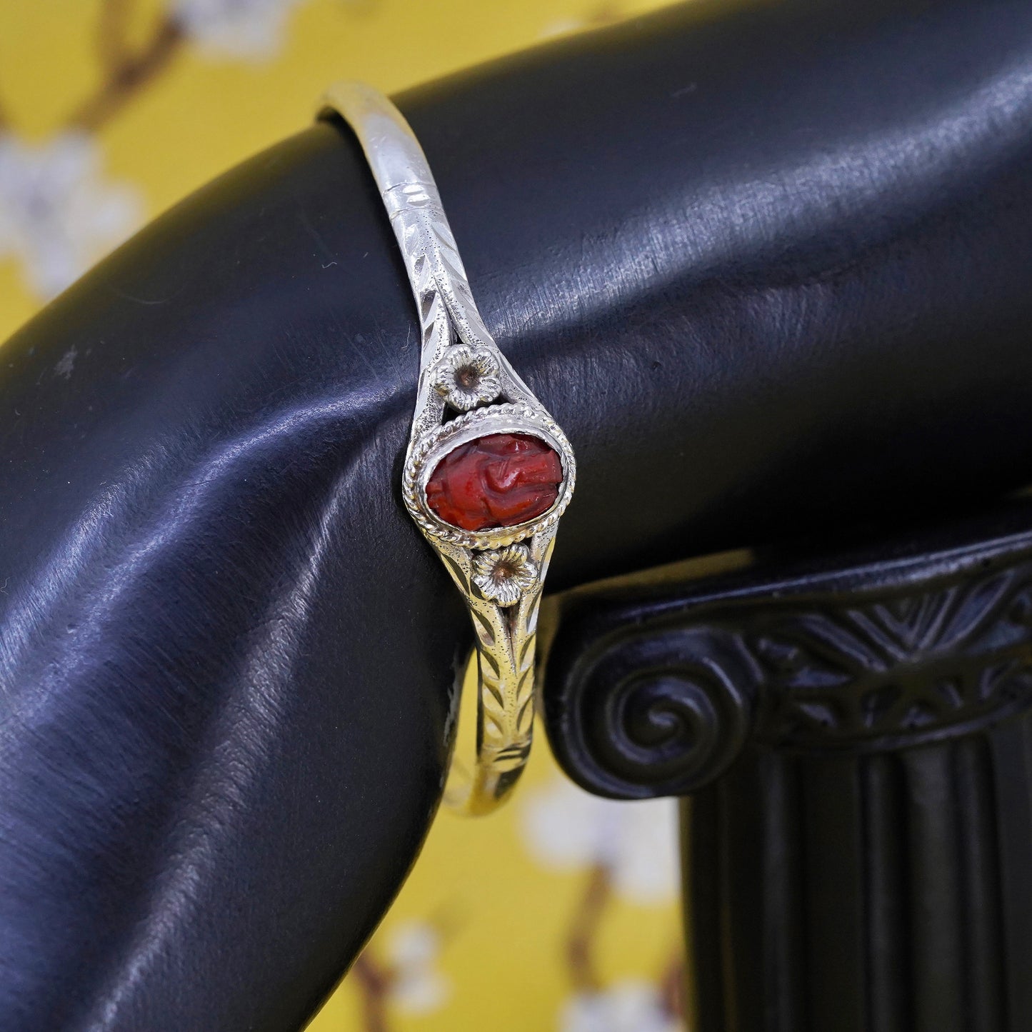 Vintage Sterling silver handmade bracelet, 925 baby bangle with carved cinnabar
