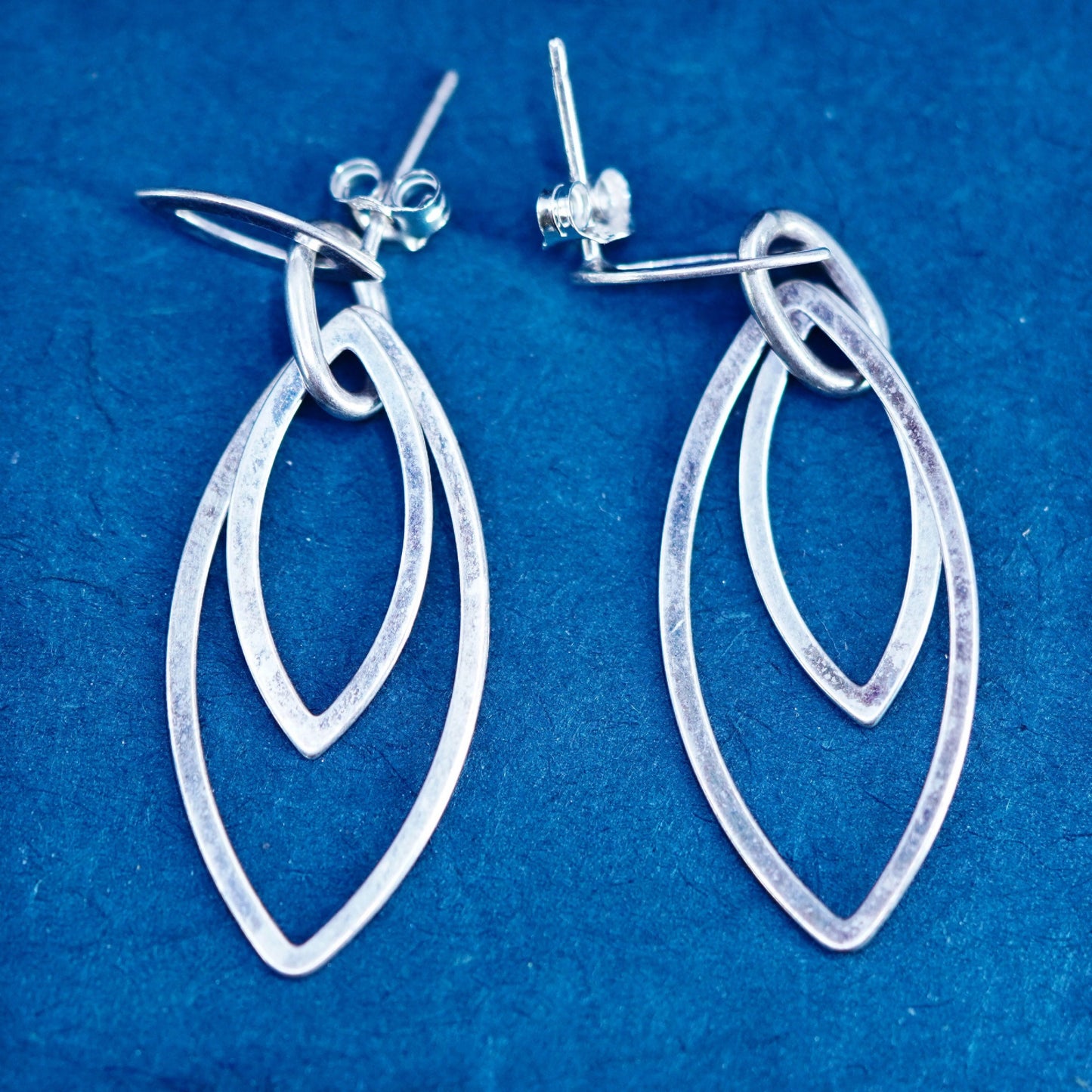 Vintage sterling silver handmade earrings, 925 hammered marquise shaped drops