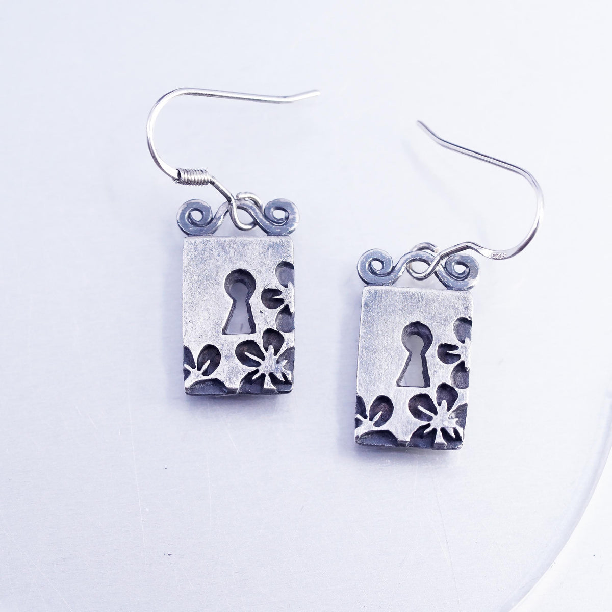 Vintage Mexican Sterling 925 silver handmade tag earrings with key cutout