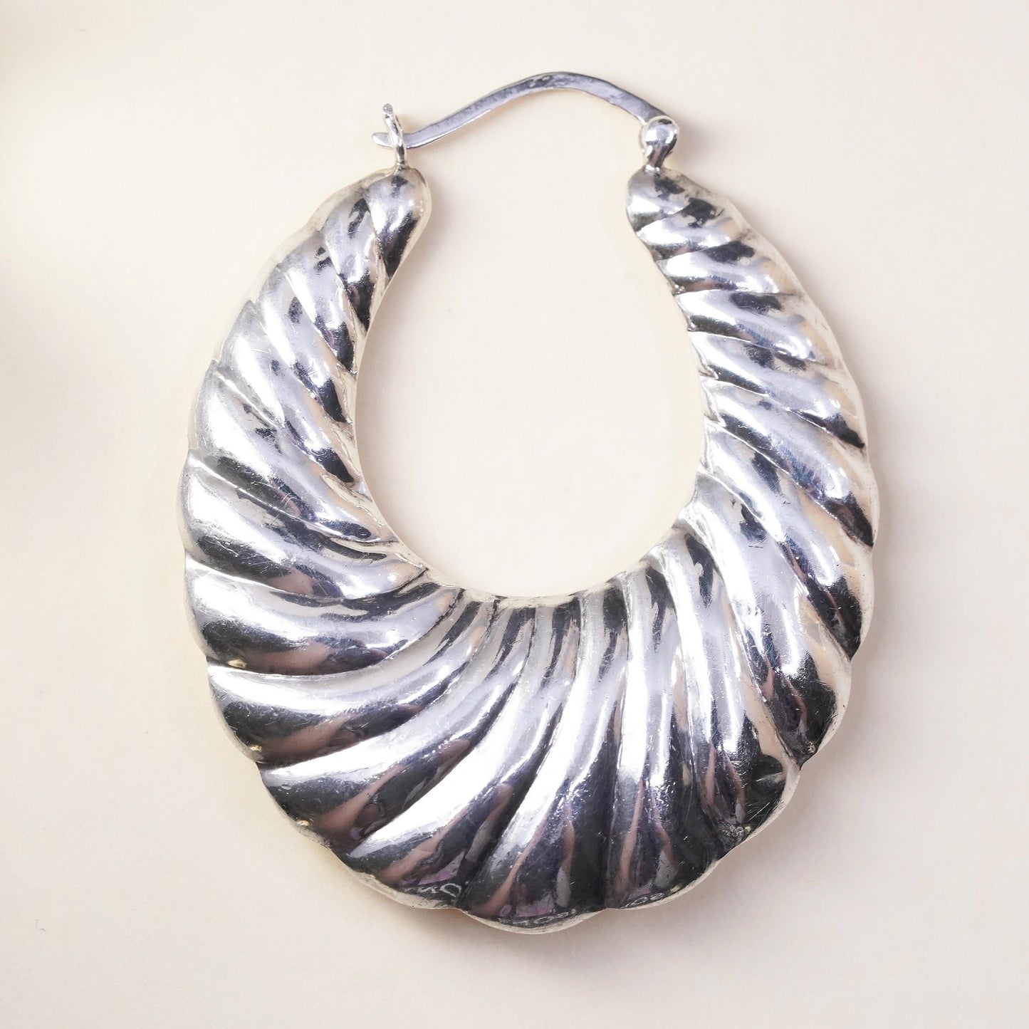1.75", Vintage sterling silver loop single earring, ribbed primitive hoop