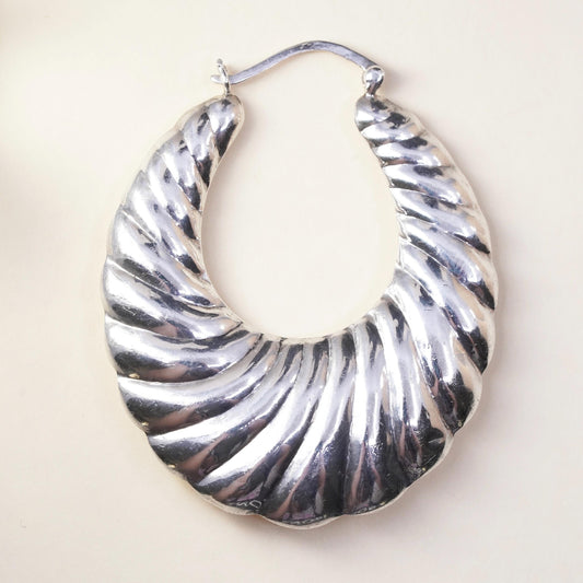 1.75", Vintage sterling silver loop single earring, ribbed primitive hoop
