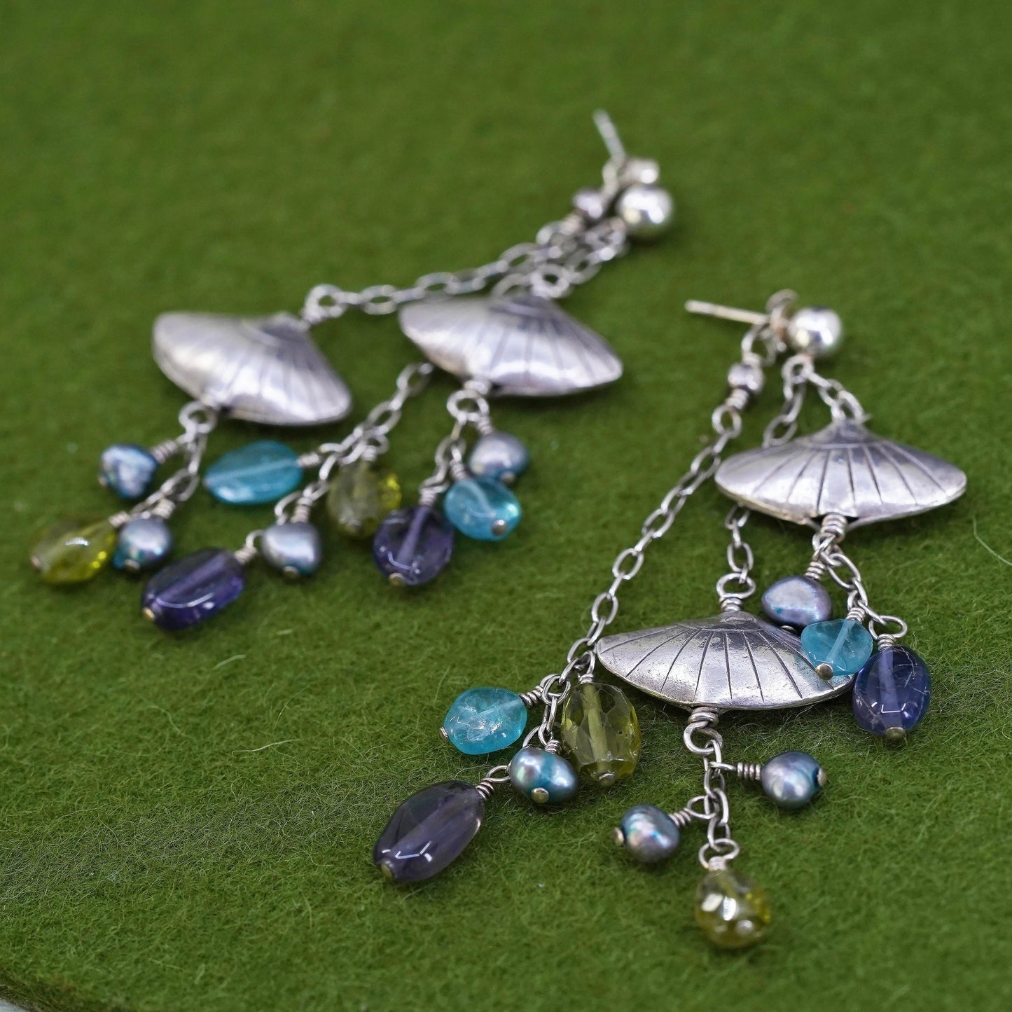 Sterling 925 silver handmade fish earrings with cluster pearl amethyst peridot