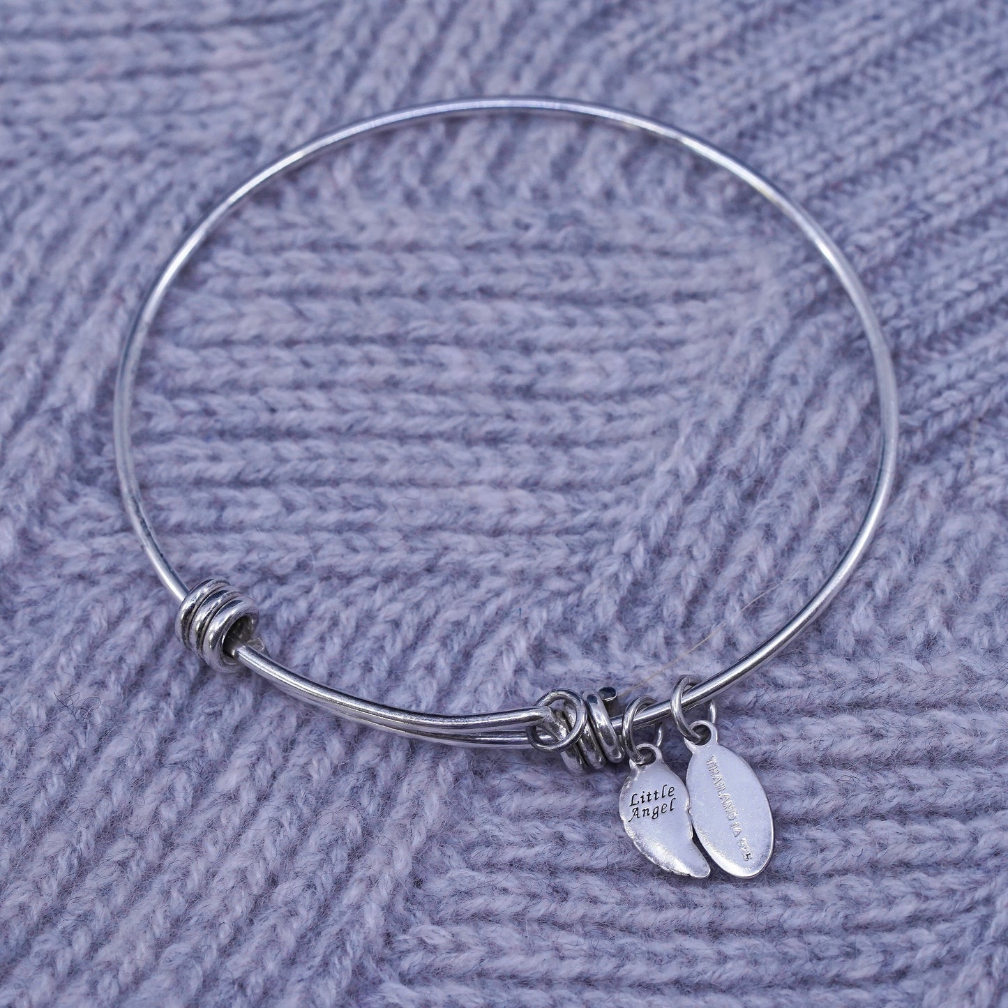 Vintage sterling silver bracelet, 925 beaded bangle wing charm “little angel”